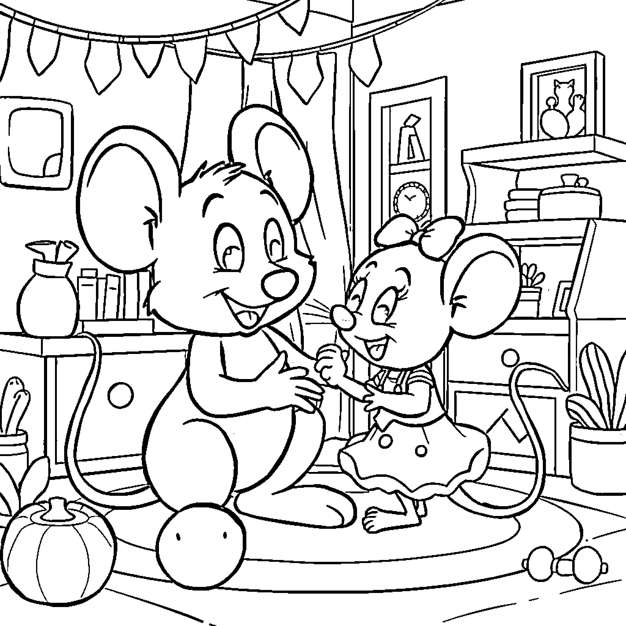 Bluey and Bingo playing together at home Coloring Page (free black-and-white line drawing printable PDF for all, from beginners to advanced learners, including children, teens, adults, and seniors)