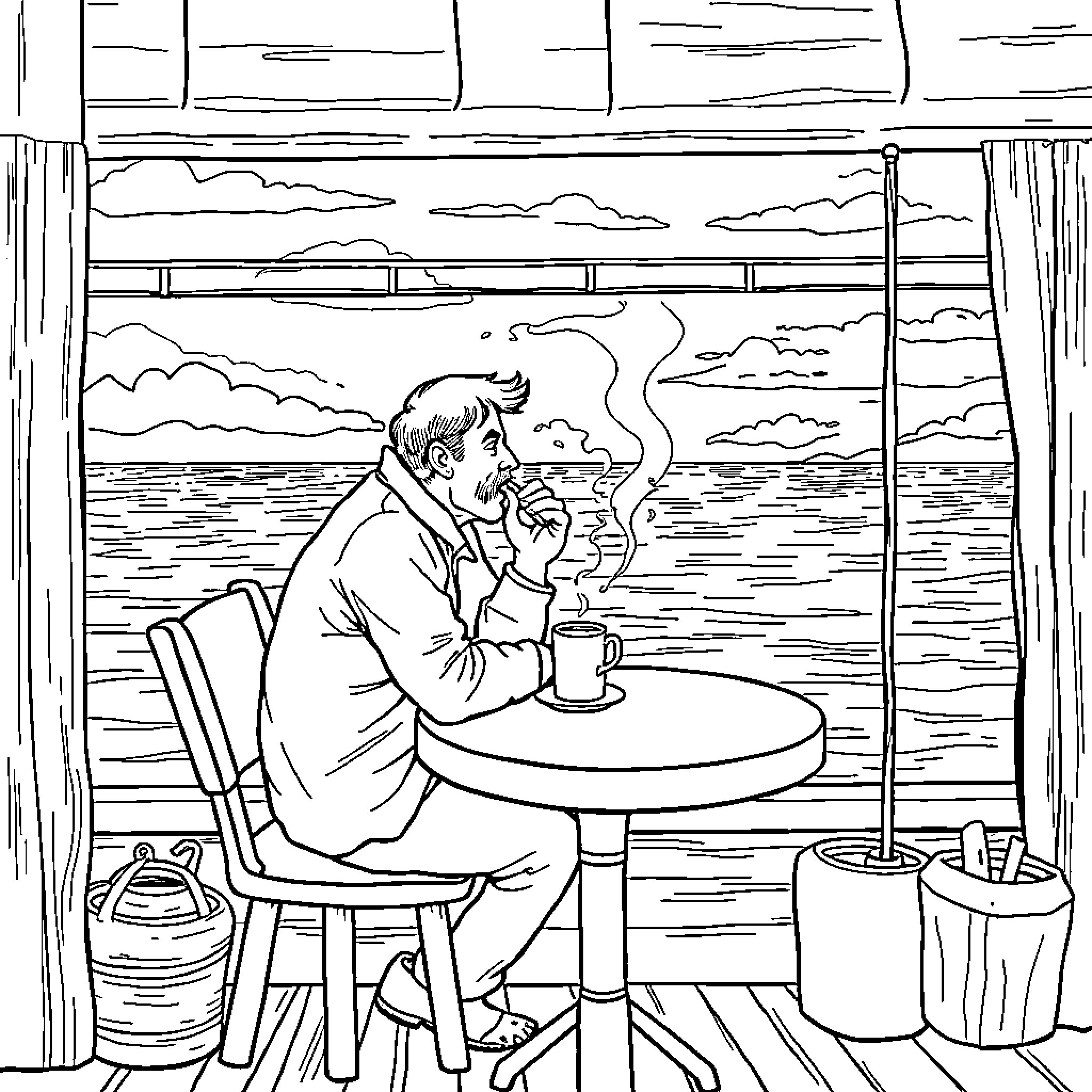 Fisherman relaxing with a cup of coffee by the sea Coloring Page (free black-and-white line drawing printable PDF for all, from beginners to advanced learners, including children, teens, adults, and seniors)