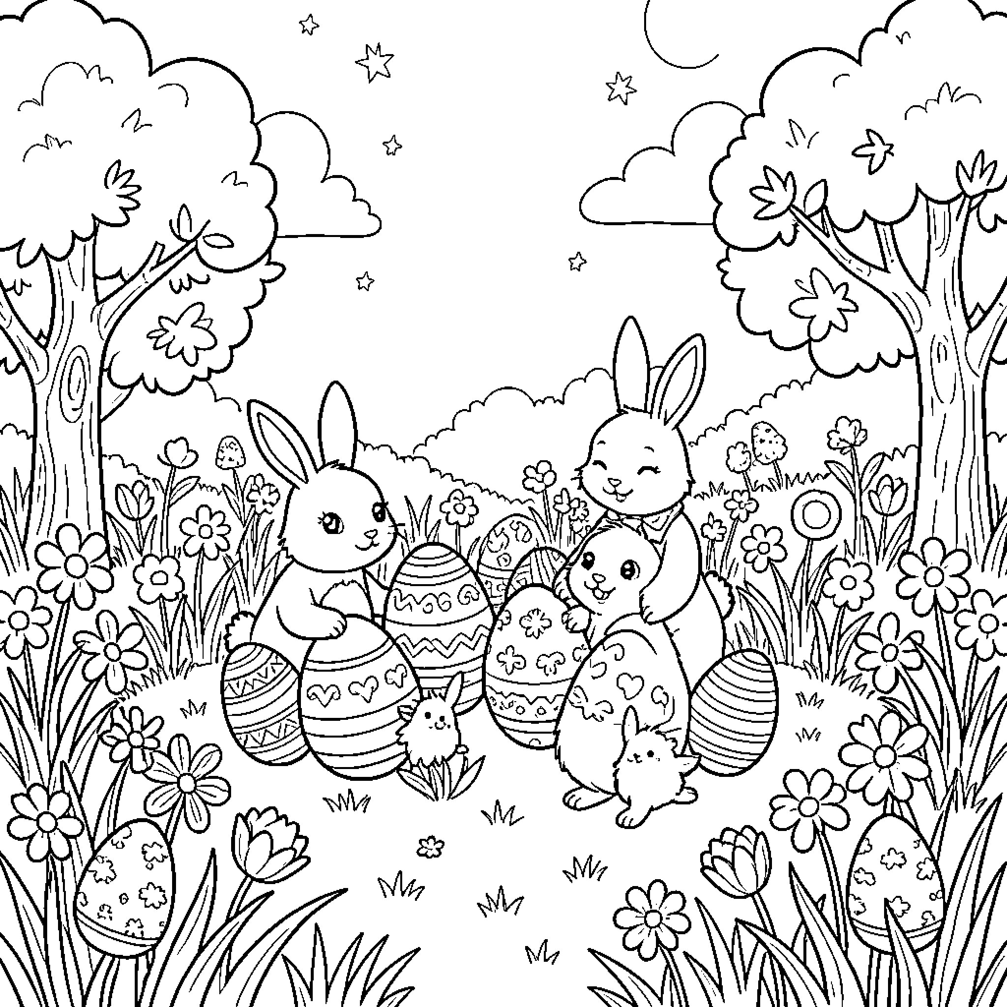 Easter Bunnies Enjoying a Festive Outdoor Scene Coloring Page (free black-and-white line drawing printable PDF for all, from beginners to advanced learners, including children, teens, adults, and seniors)