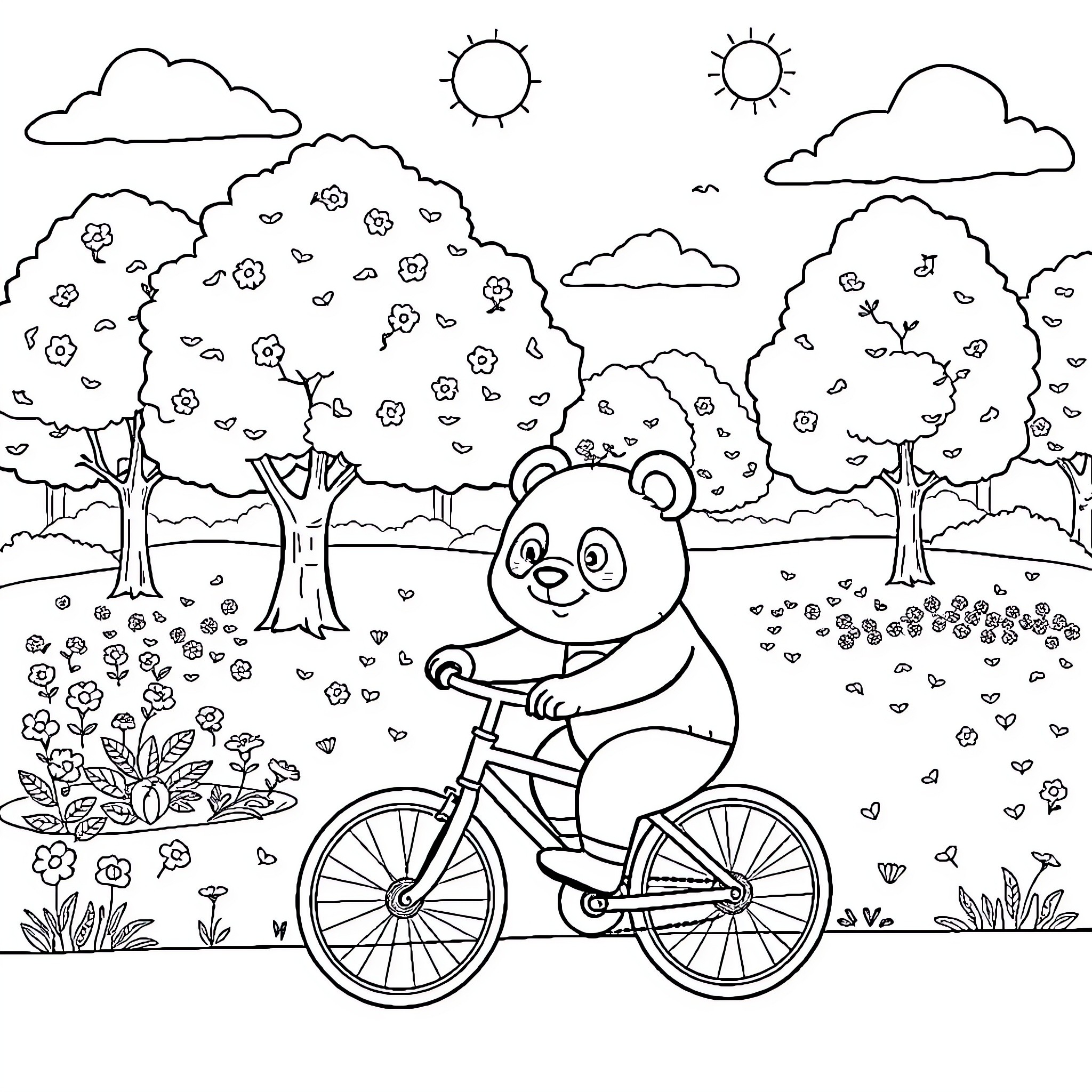 Panda riding a bicycle in a flower-filled garden Coloring Page (free black-and-white line drawing printable PDF for all, from beginners to advanced learners, including children, teens, adults, and seniors)