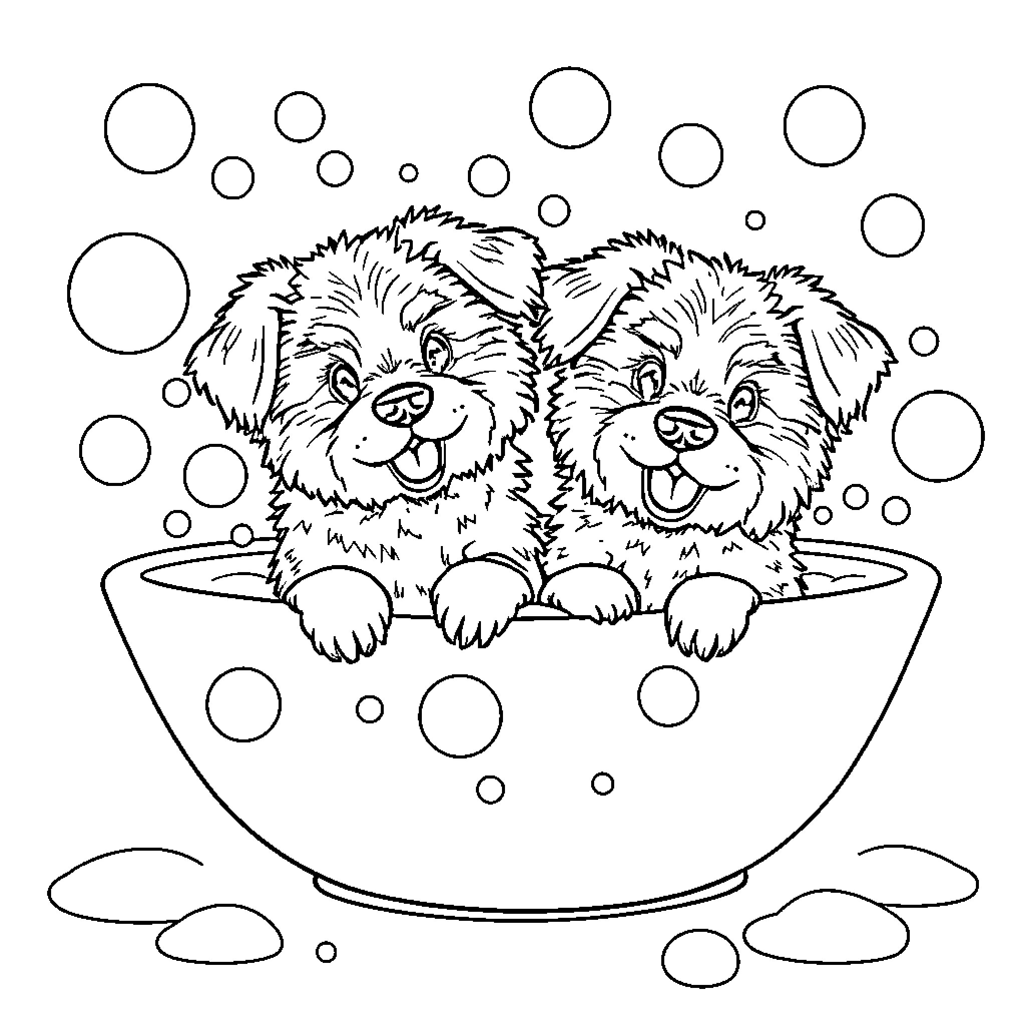 Dog friends playing in the bubbles Coloring Page (free black-and-white line drawing printable PDF for all, from beginners to advanced learners, including children, teens, adults, and seniors)
