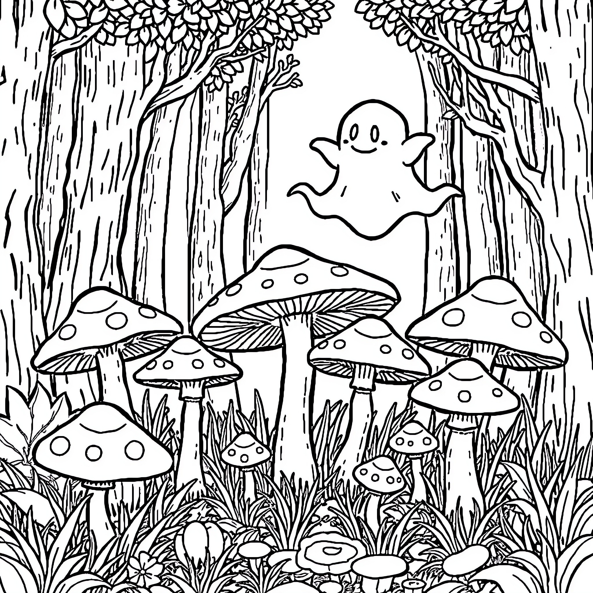 Mushroom forest with a friendly ghost Coloring Page (free black-and-white line drawing printable PDF for all, from beginners to advanced learners, including children, teens, adults, and seniors)