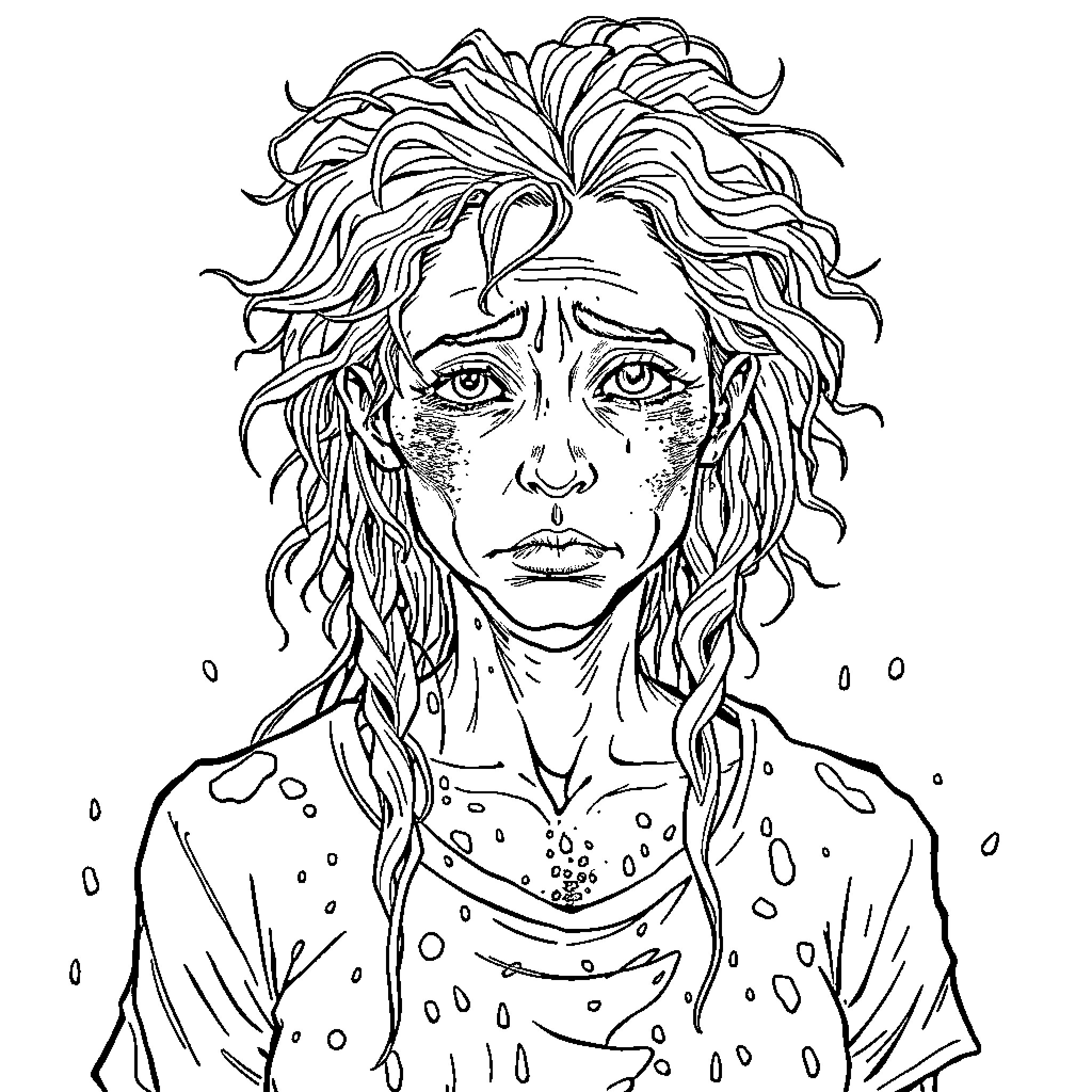 Human portrait with intricate hair and expression Coloring Page (free black-and-white line drawing printable PDF for all, from beginners to advanced learners, including children, teens, adults, and seniors)