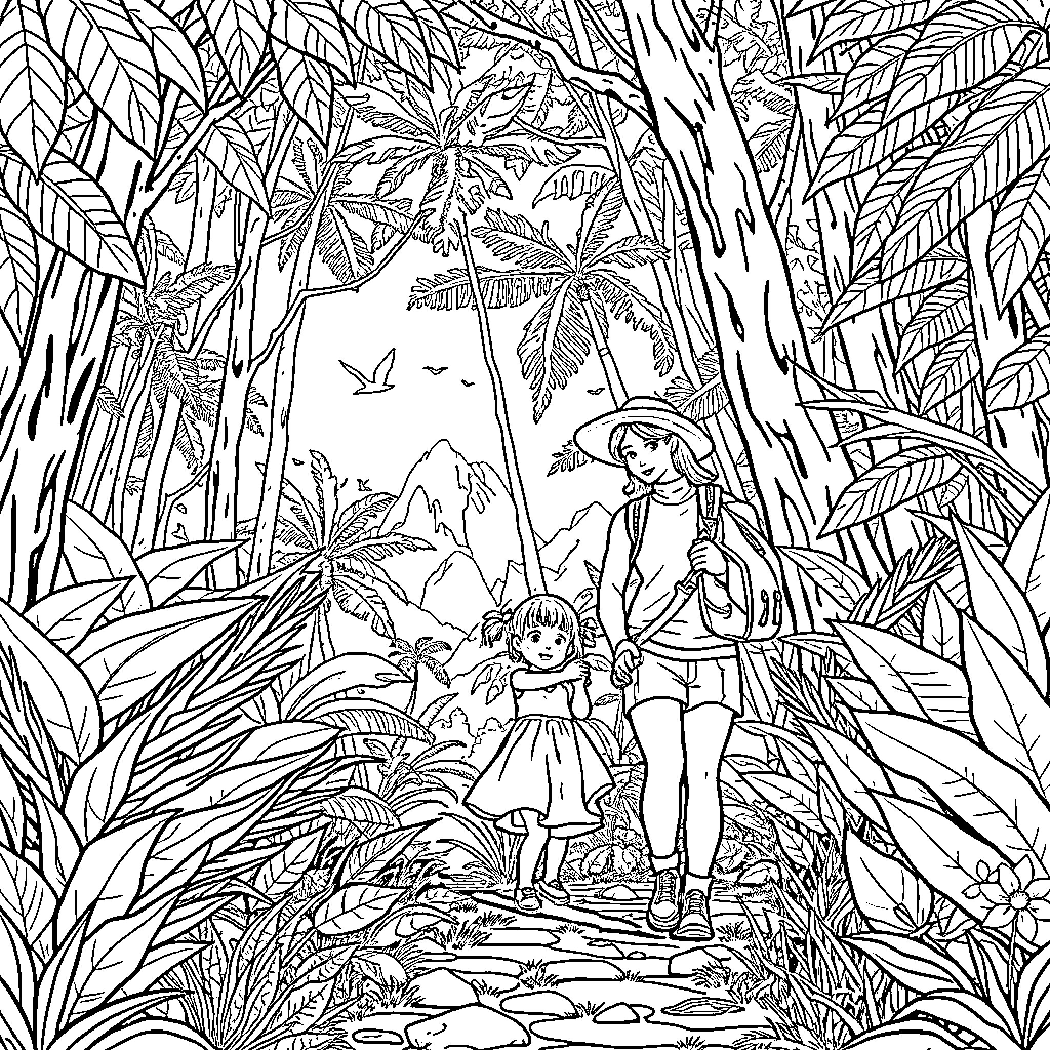 Family Exploring the Lush Jungle Landscape Coloring Page (free black-and-white line drawing printable PDF for all, from beginners to advanced learners, including children, teens, adults, and seniors)