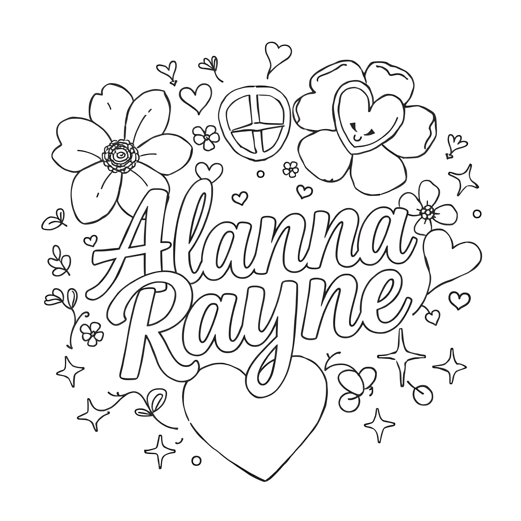 Cursive floral and hearts design Coloring Page (free black-and-white line drawing printable PDF for all, from beginners to advanced learners, including children, teens, adults, and seniors)