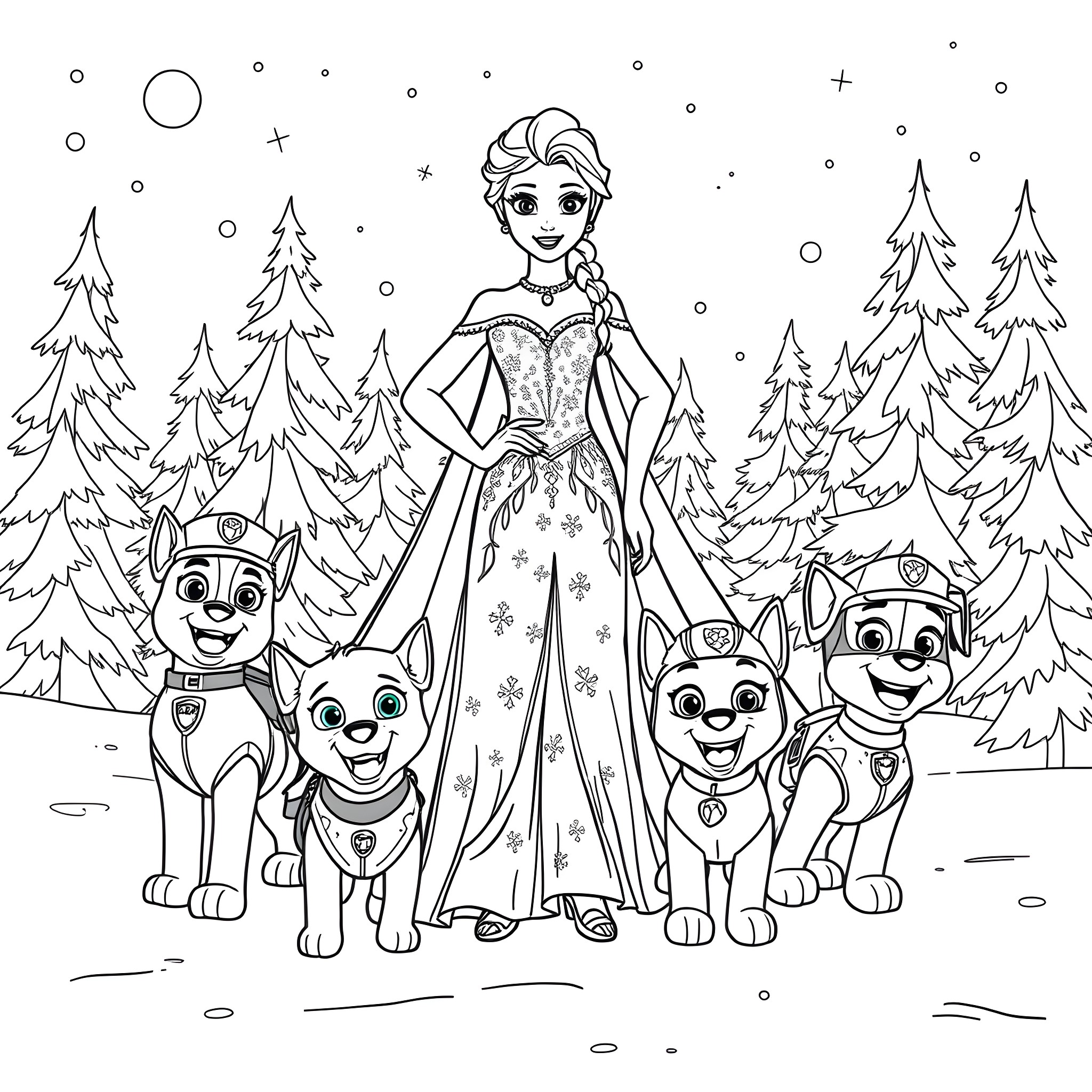 Elsa's Winter Adventure with Paw Patrol Pups Coloring Page (free black-and-white line drawing printable PDF for all, from beginners to advanced learners, including children, teens, adults, and seniors)