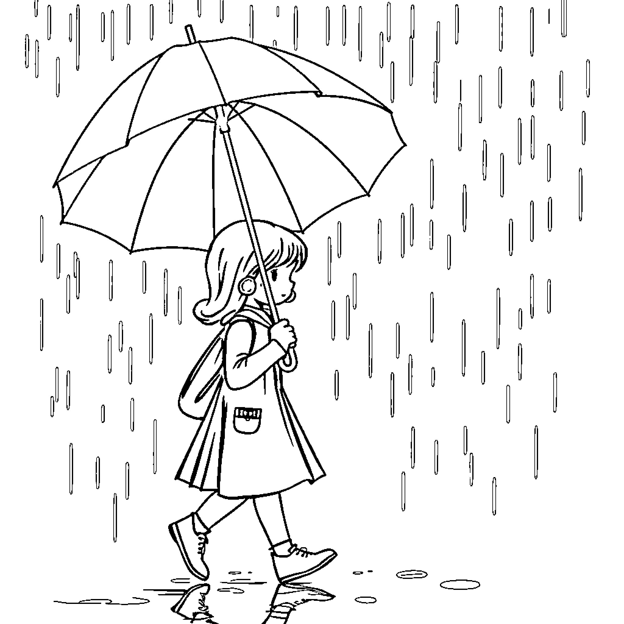 Sophie walking through the rain with umbrella Coloring Page (free black-and-white line drawing printable PDF for all, from beginners to advanced learners, including children, teens, adults, and seniors)