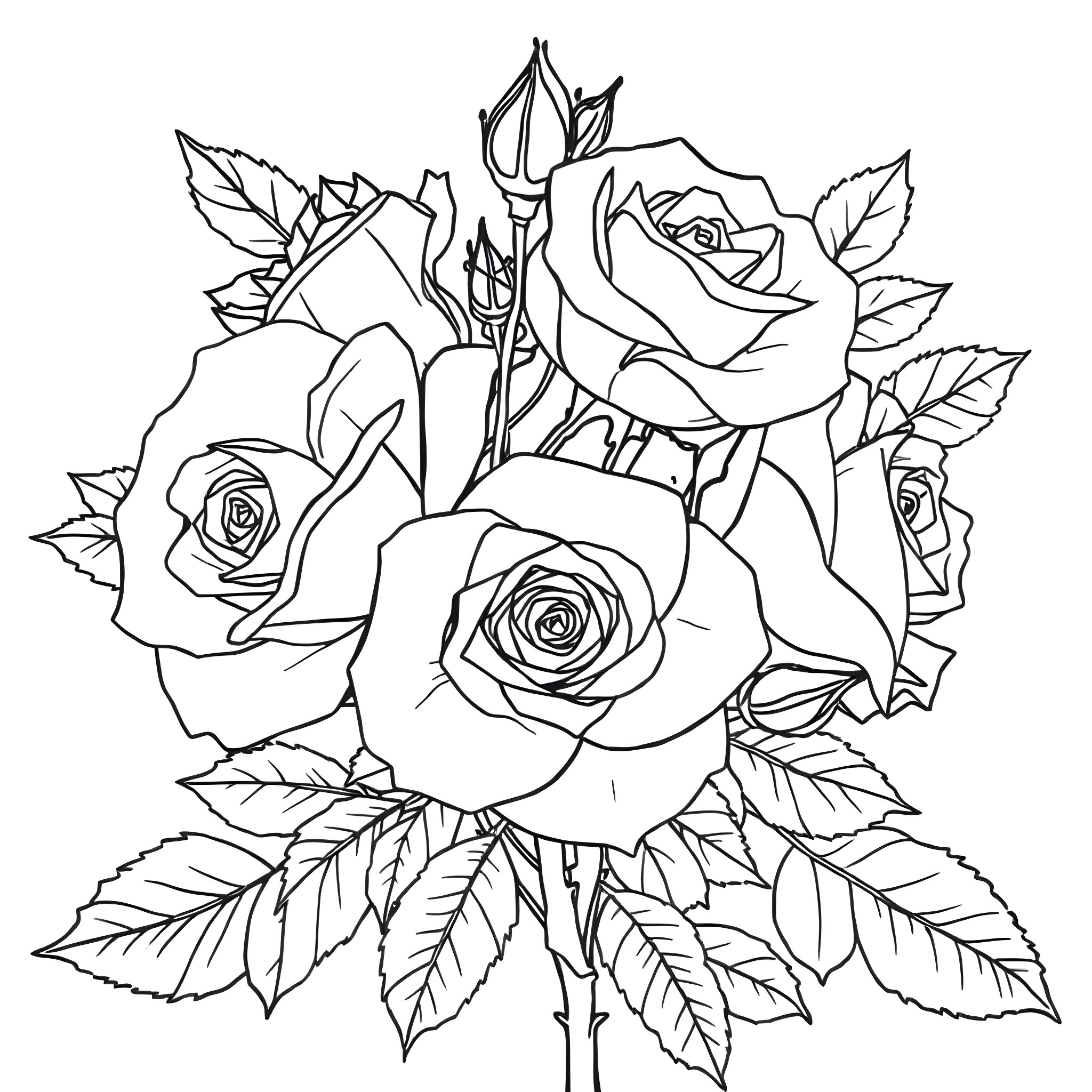 Rose Bouquet with Detailed Floral Arrangement Coloring Page (free black-and-white line drawing printable PDF for all, from beginners to advanced learners, including children, teens, adults, and seniors)