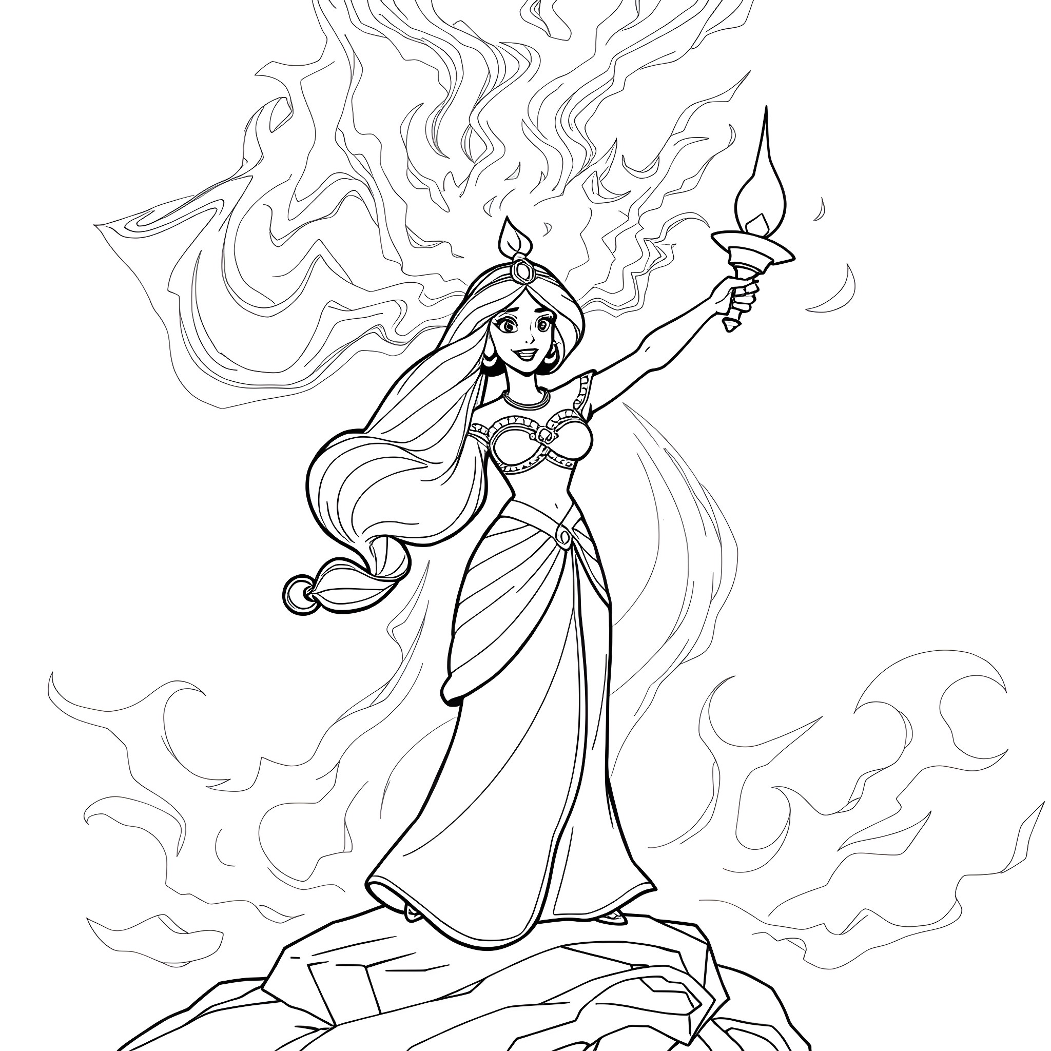 Jasmine wielding a torch in a magical scene Coloring Page (free black-and-white line drawing printable PDF for all, from beginners to advanced learners, including children, teens, adults, and seniors)
