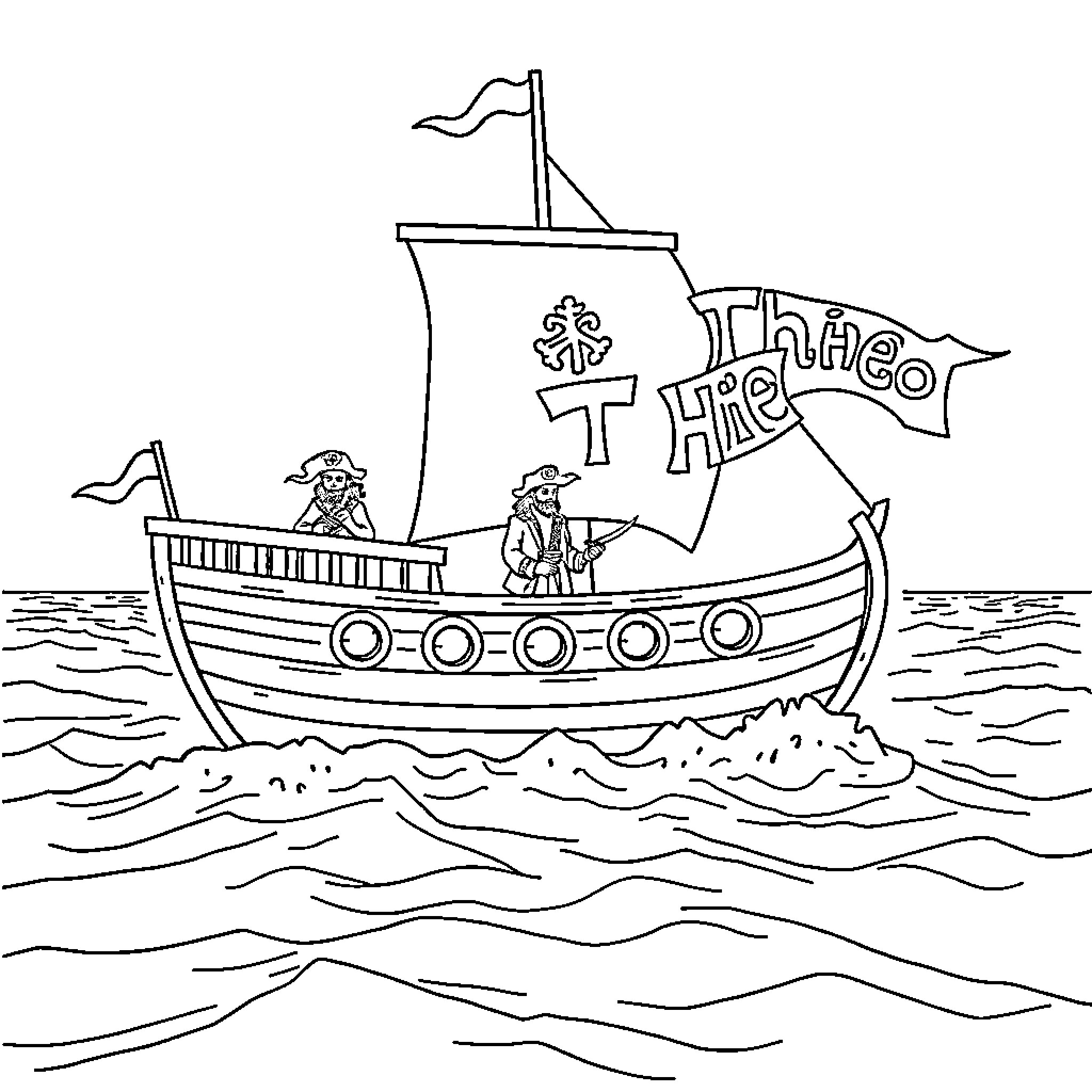 Pirate Ship Sailing on the High Seas Coloring Page (free black-and-white line drawing printable PDF for all, from beginners to advanced learners, including children, teens, adults, and seniors)