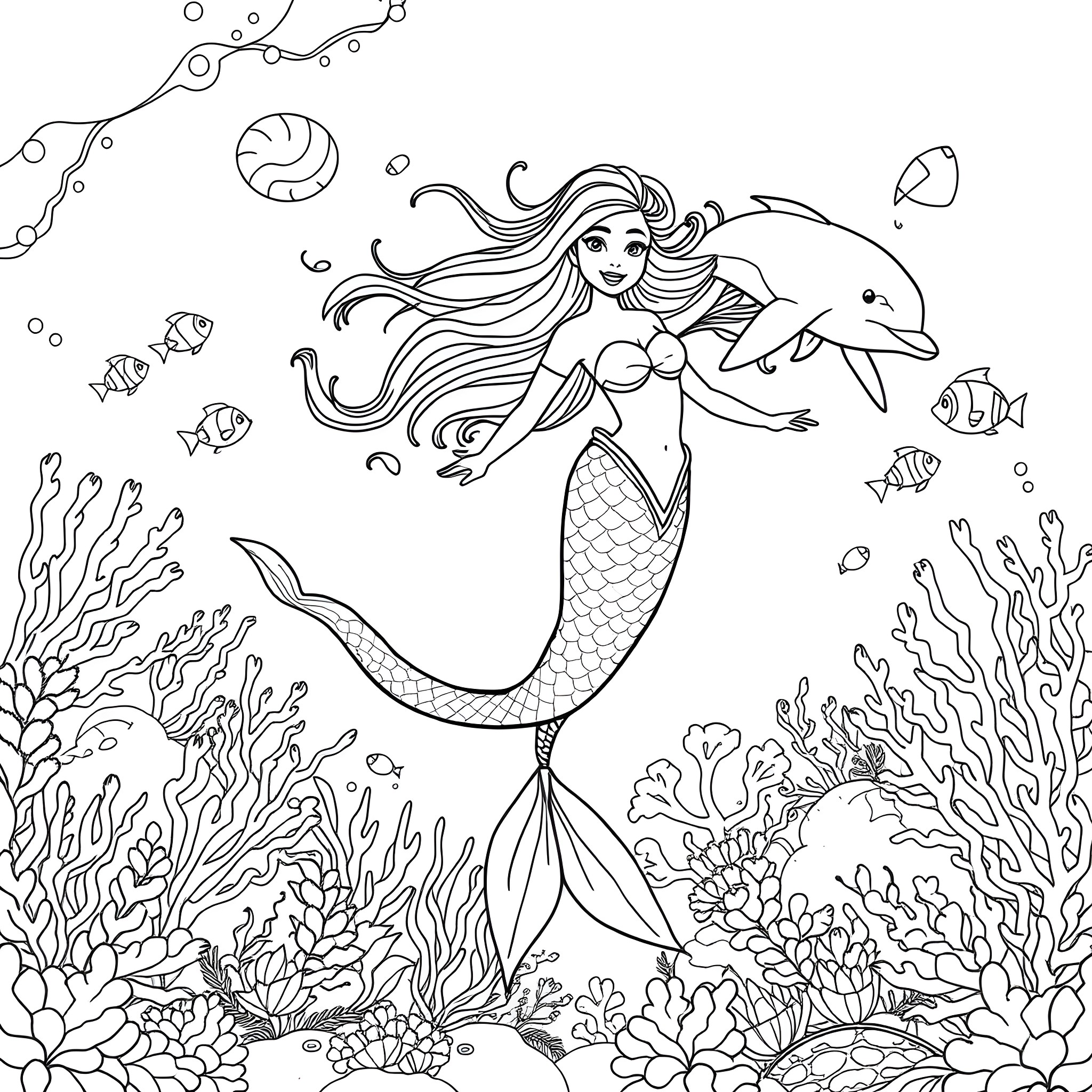 Mermaid swimming with dolphins and sea creatures Coloring Page (free black-and-white line drawing printable PDF for all, from beginners to advanced learners, including children, teens, adults, and seniors)