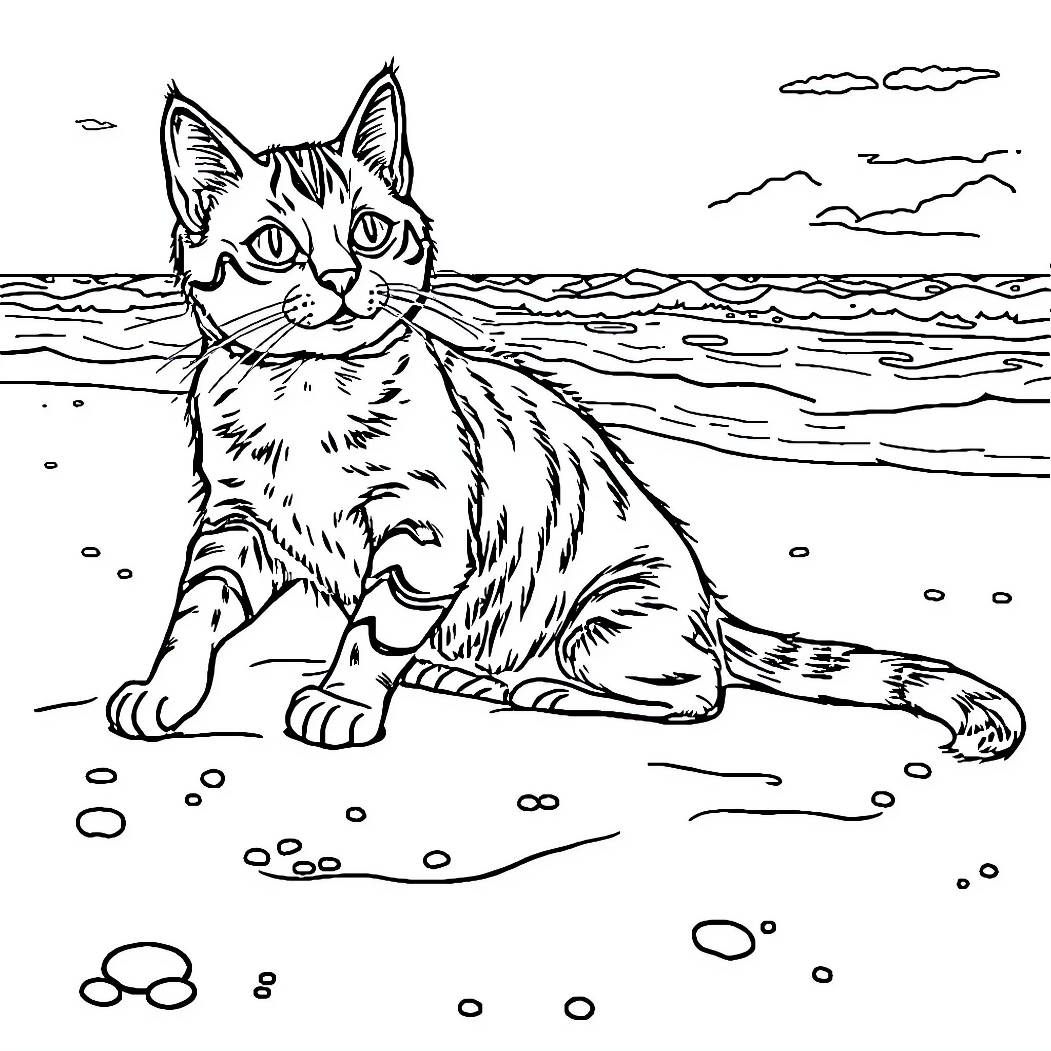 Cat relaxing on the beach Coloring Page (free black-and-white line drawing printable PDF for all, from beginners to advanced learners, including children, teens, adults, and seniors)