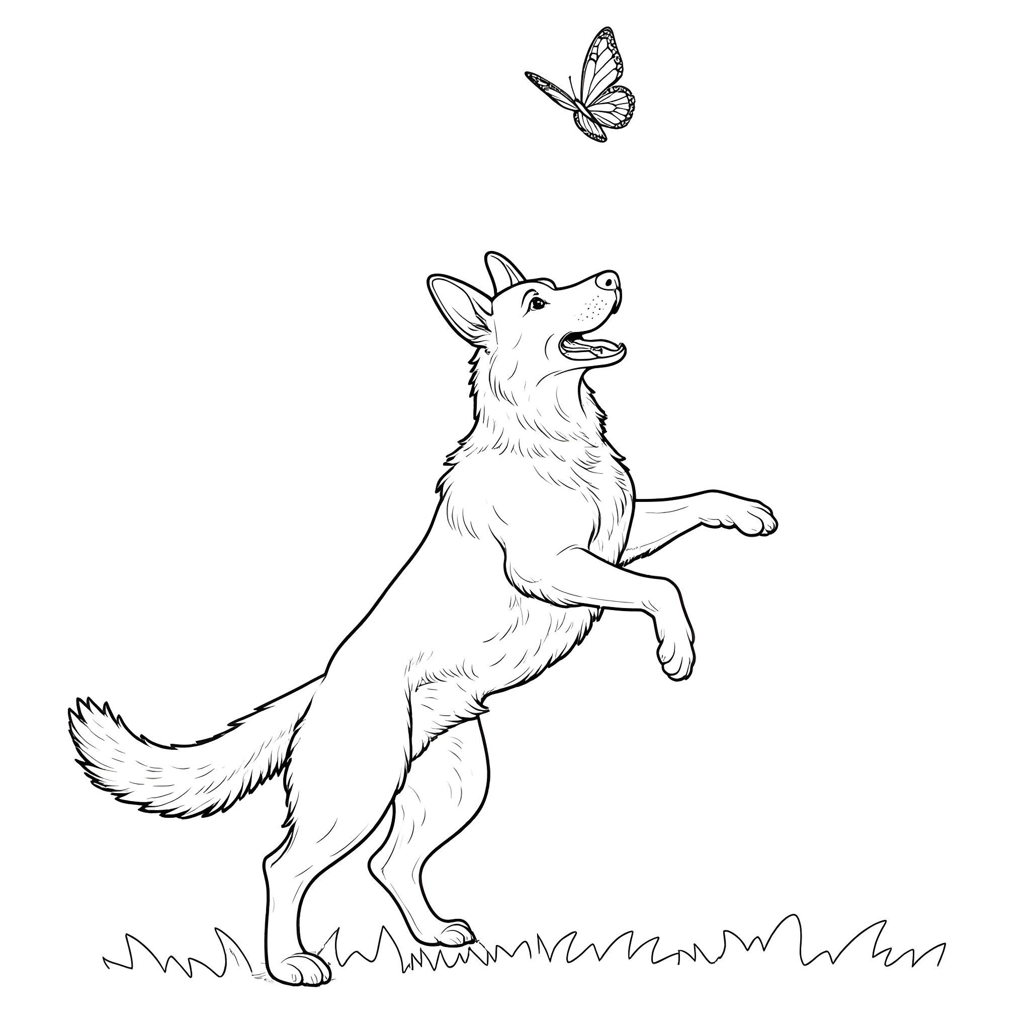 German Shepherd chasing a butterfly Coloring Page (free black-and-white line drawing printable PDF for all, from beginners to advanced learners, including children, teens, adults, and seniors)