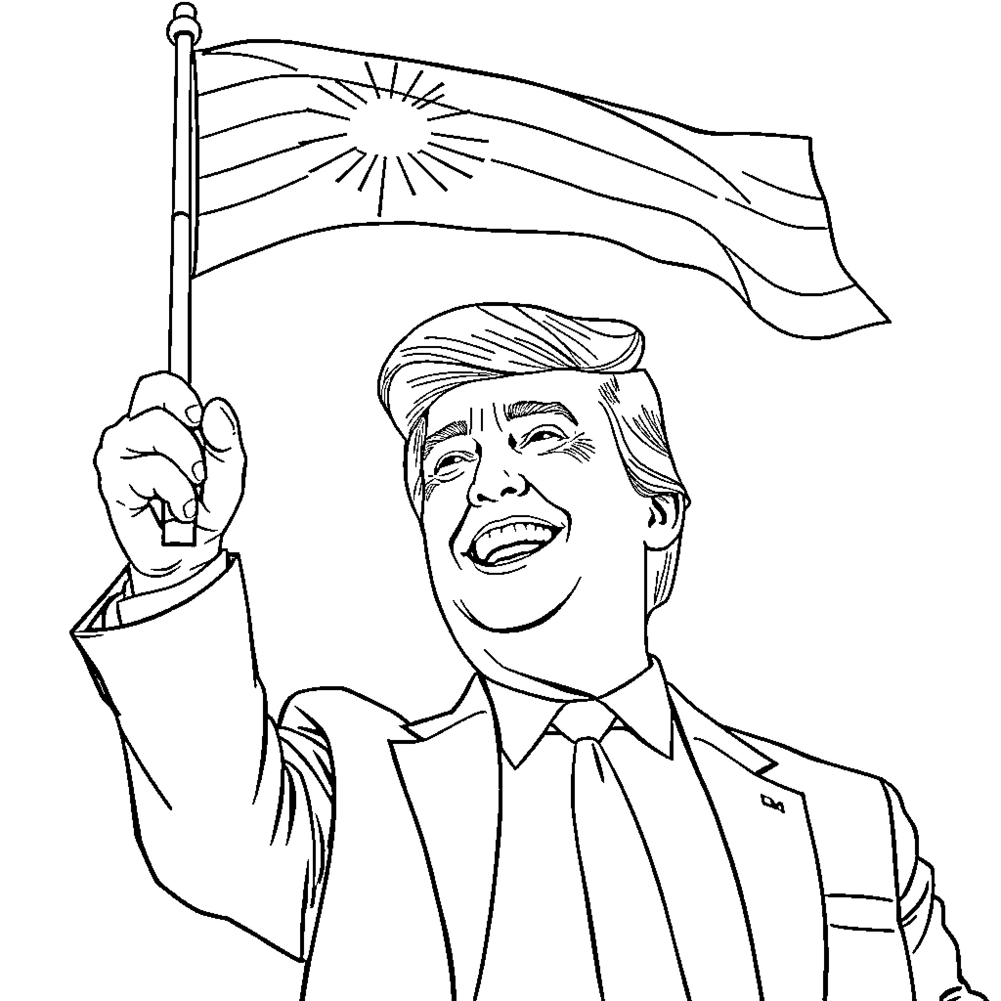 Donald Trump waving an American flag enthusiastically Coloring Page (free black-and-white line drawing printable PDF for all, from beginners to advanced learners, including children, teens, adults, and seniors)