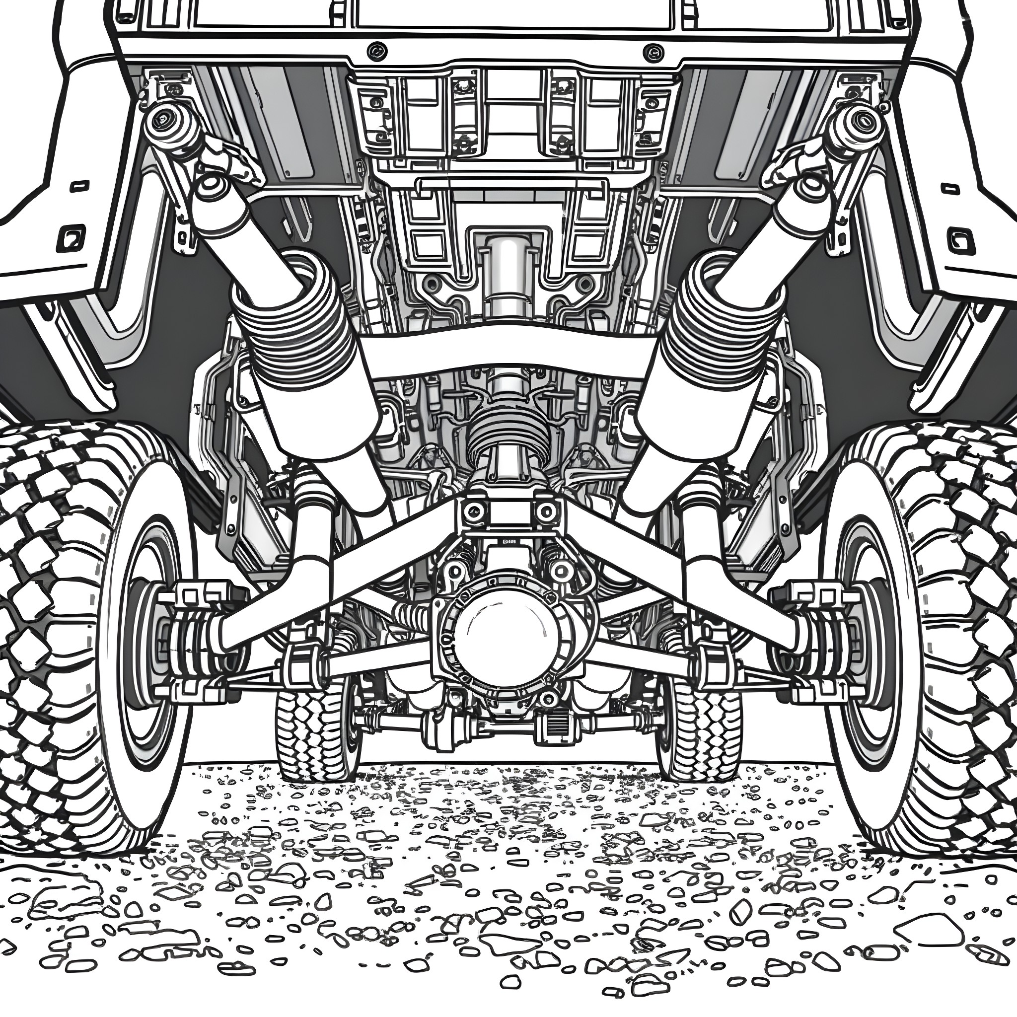 Undercarriage of a rugged off-road vehicle Coloring Page (free black-and-white line drawing printable PDF for all, from beginners to advanced learners, including children, teens, adults, and seniors)