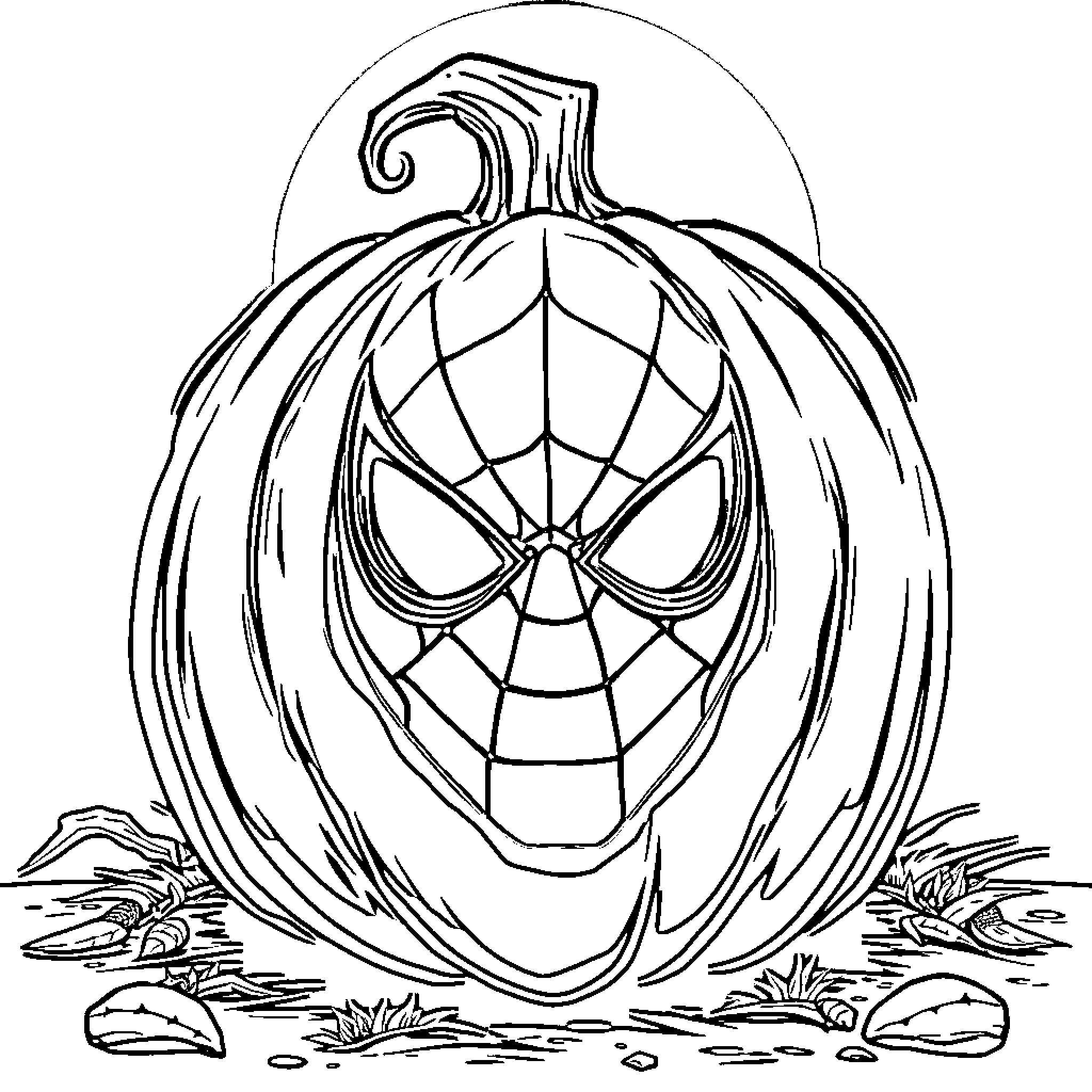 Pumpkin with Spider-Man inspired design Coloring Page (free black-and-white line drawing printable PDF for all, from beginners to advanced learners, including children, teens, adults, and seniors)