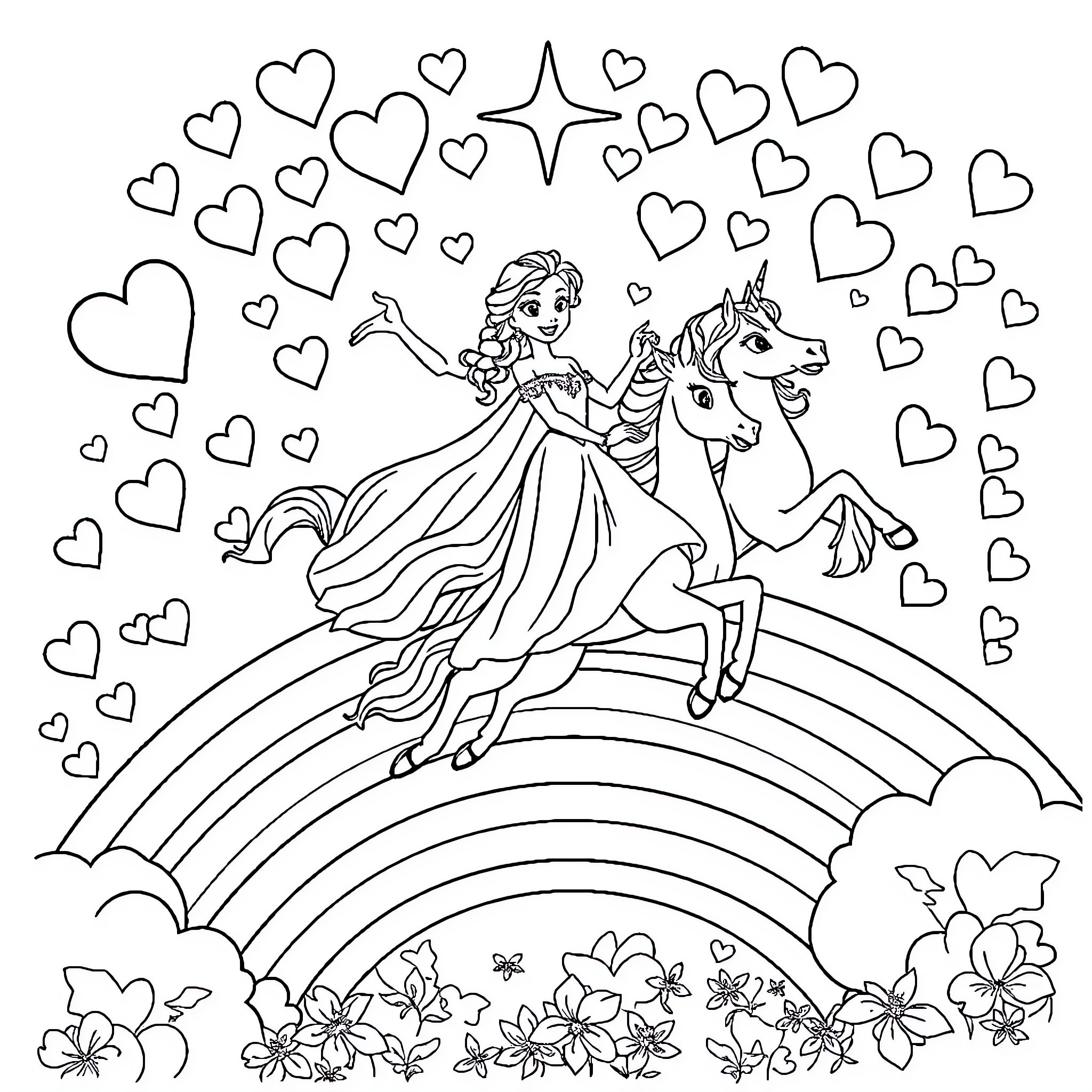 Heart-filled Enchanting Adventure Coloring Page (free black-and-white line drawing printable PDF for all, from beginners to advanced learners, including children, teens, adults, and seniors)