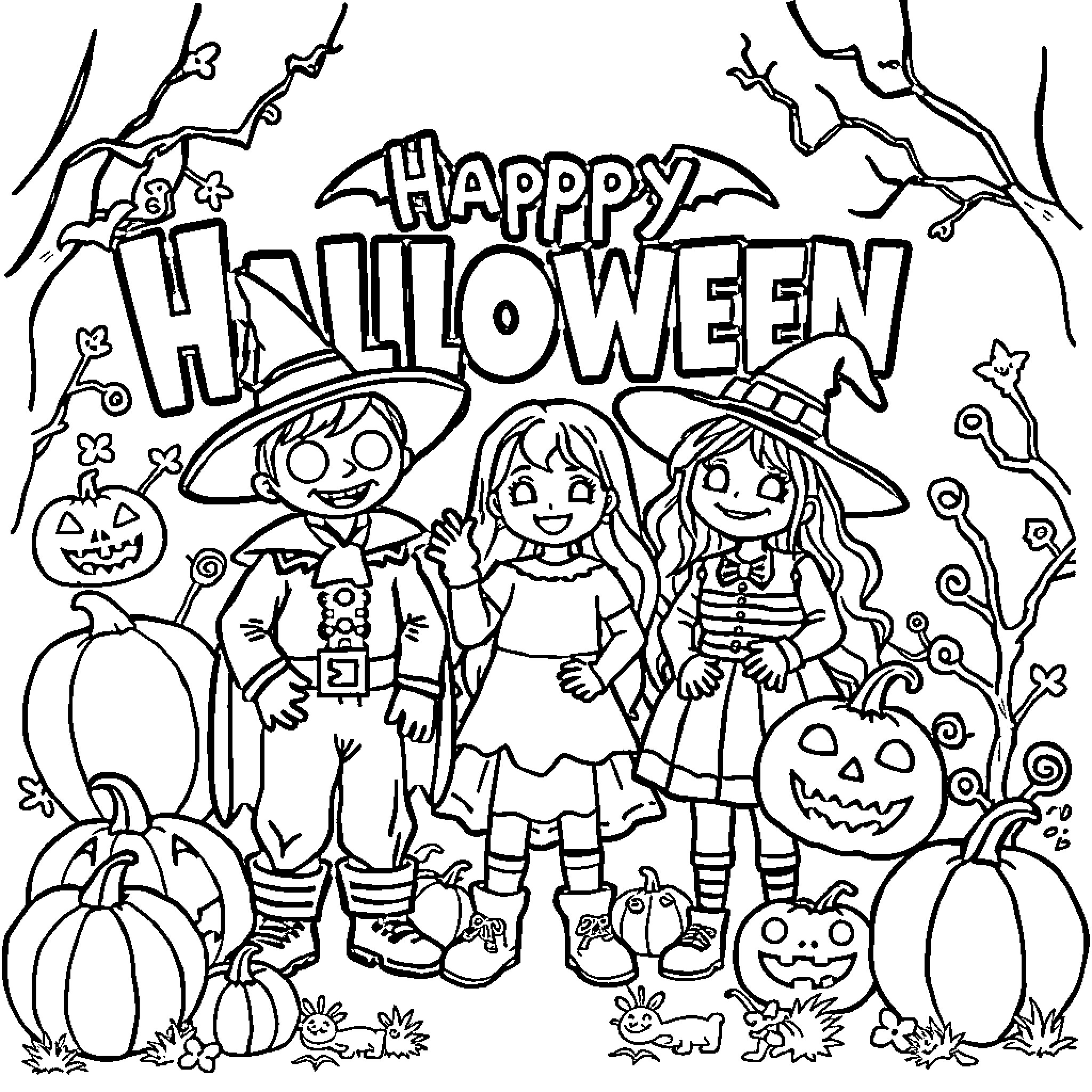 Halloween children in costumes surrounded by pumpkins Coloring Page (free black-and-white line drawing printable PDF for all, from beginners to advanced learners, including children, teens, adults, and seniors)