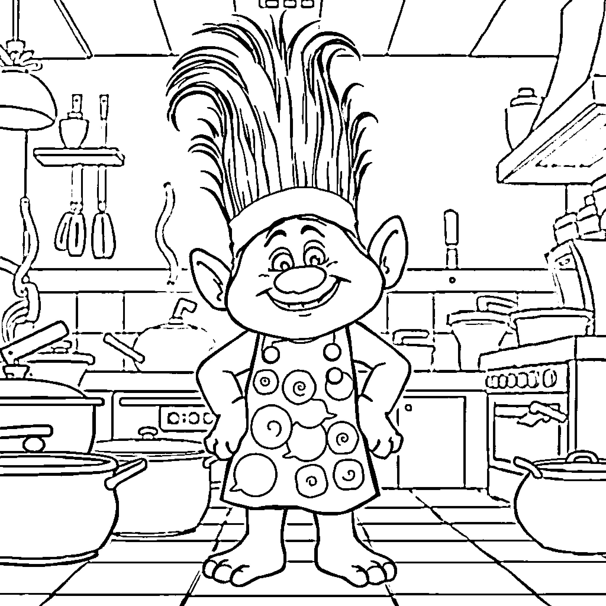 Chef Burgin in a colorful kitchen environment Coloring Page (free black-and-white line drawing printable PDF for all, from beginners to advanced learners, including children, teens, adults, and seniors)