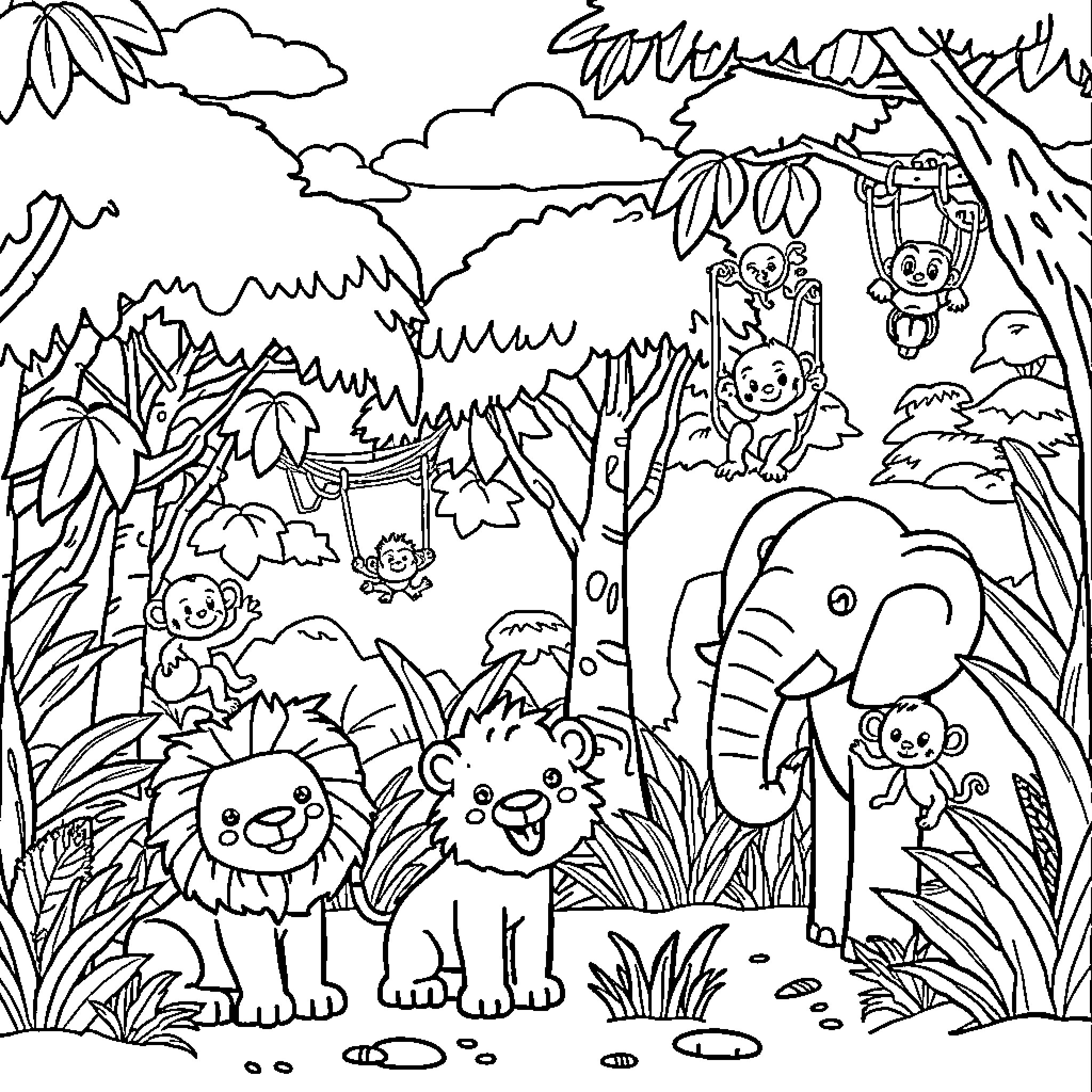 Jungle Adventure with Playful Animals Coloring Page (free black-and-white line drawing printable PDF for all, from beginners to advanced learners, including children, teens, adults, and seniors)