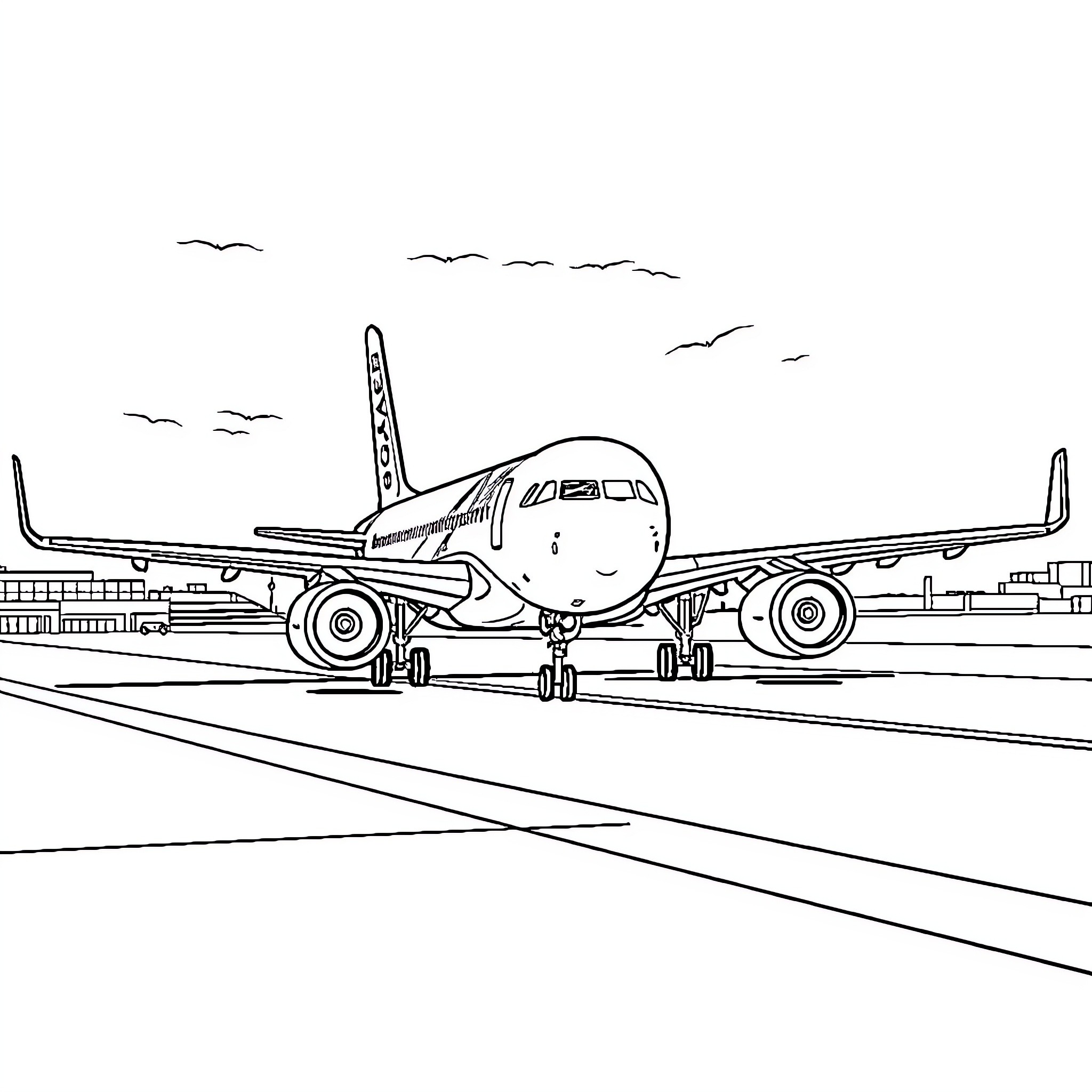 Plane taxiing on the airport runway Coloring Page (free black-and-white line drawing printable PDF for all, from beginners to advanced learners, including children, teens, adults, and seniors)