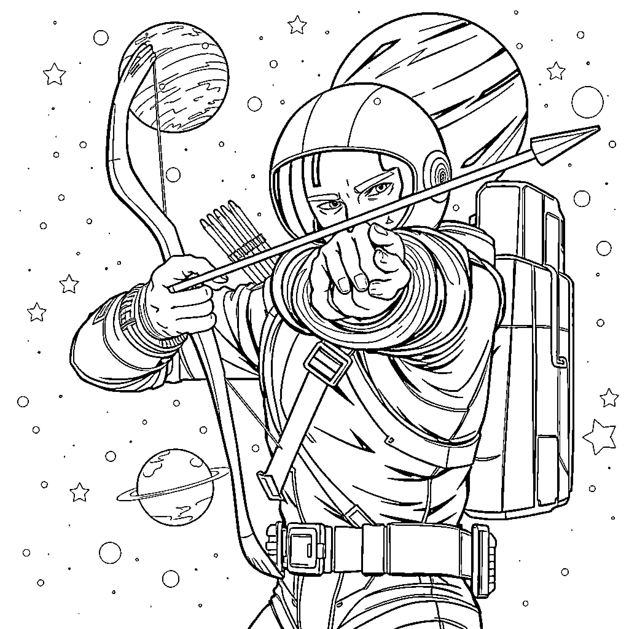 Hawkeye's Cosmic Journey Coloring Page (free black-and-white line drawing printable PDF for all, from beginners to advanced learners, including children, teens, adults, and seniors)