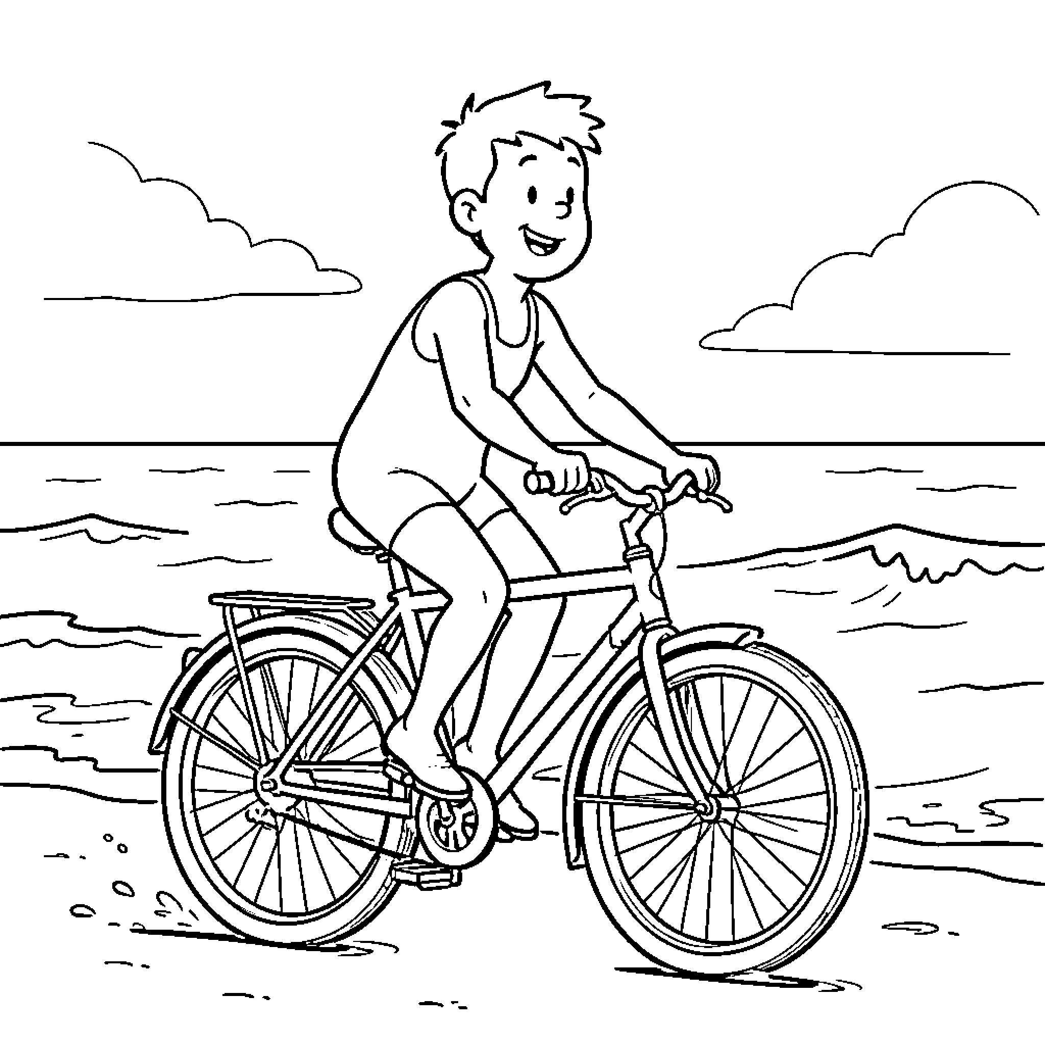 Tintin riding a bicycle along the seashore Coloring Page (free black-and-white line drawing printable PDF for all, from beginners to advanced learners, including children, teens, adults, and seniors)