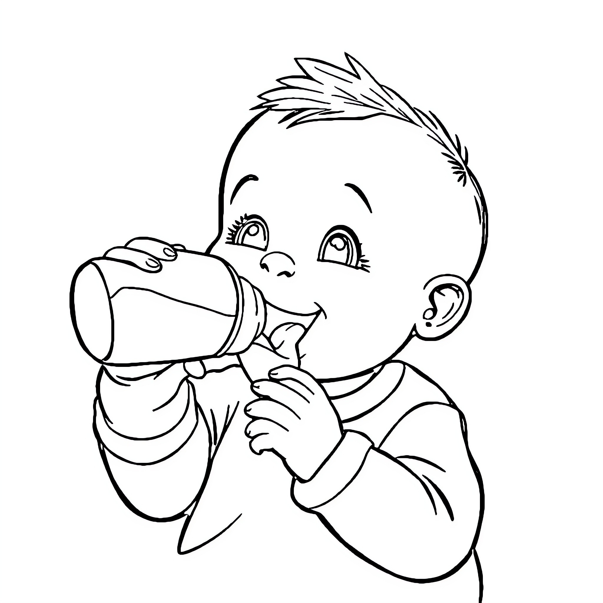 Baby drinking from a cup Coloring Page (free black-and-white line drawing printable PDF for all, from beginners to advanced learners, including children, teens, adults, and seniors)