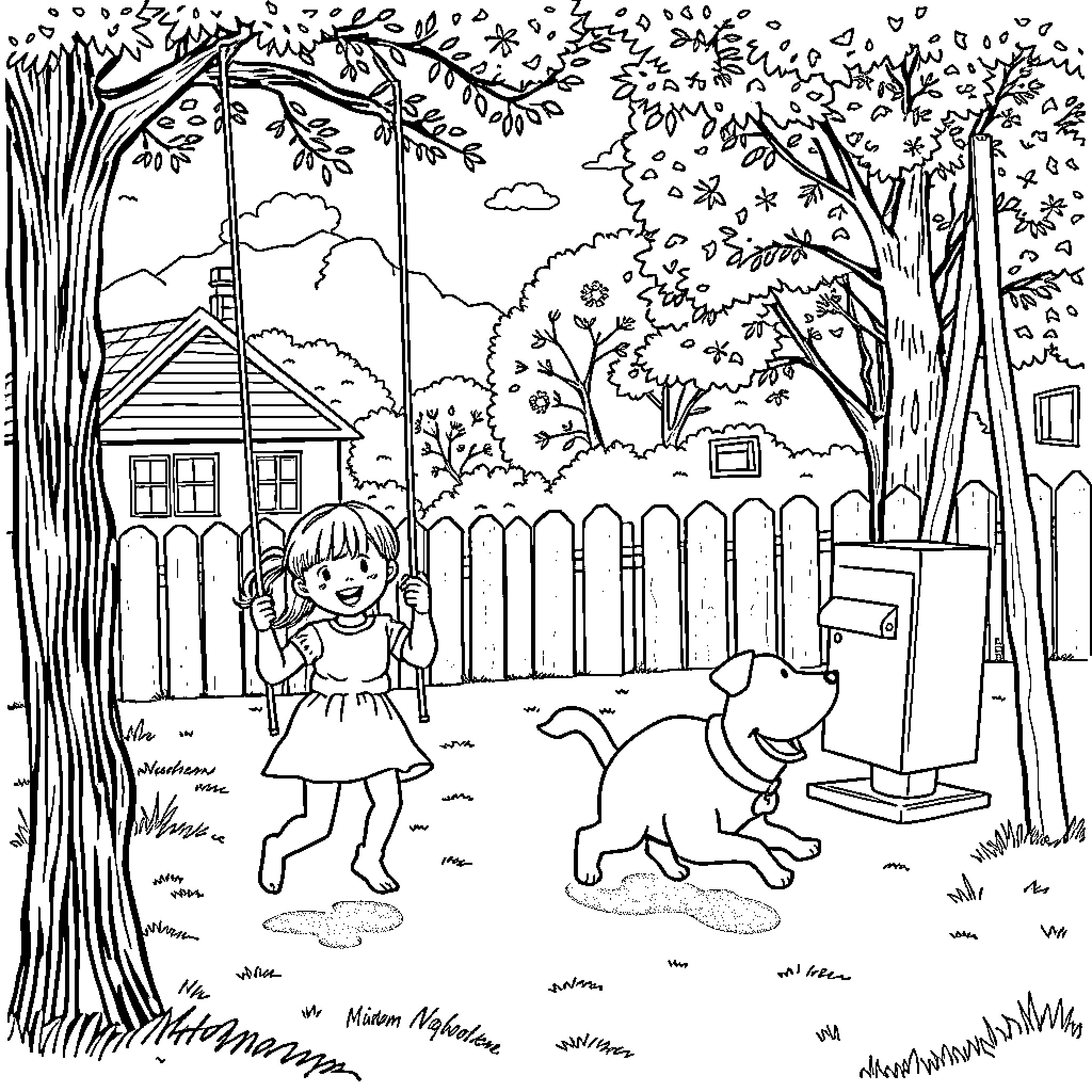 Child playing happily with pet in backyard Coloring Page (free black-and-white line drawing printable PDF for all, from beginners to advanced learners, including children, teens, adults, and seniors)