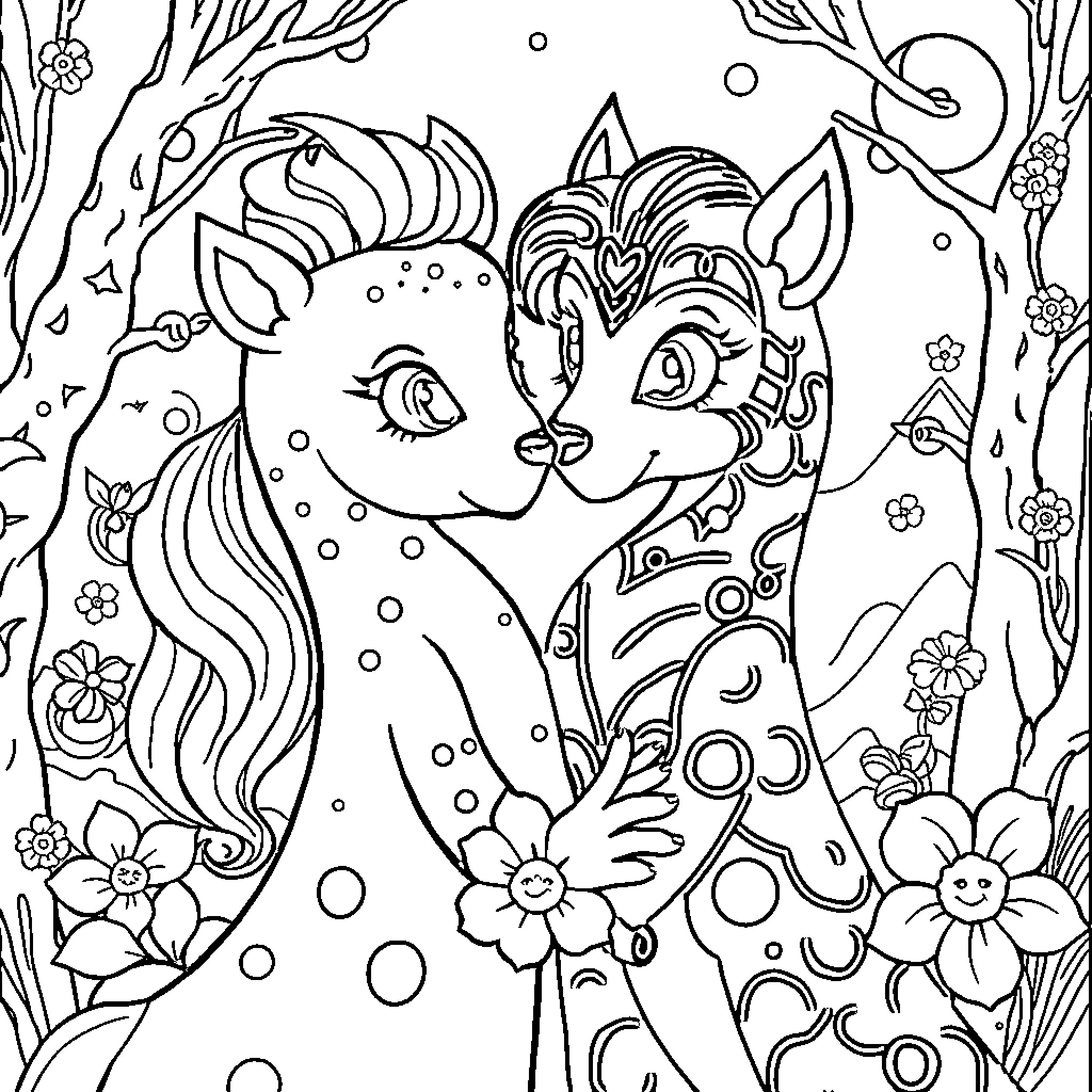 Boy and Fantastical Creatures in the Forest Coloring Page (free black-and-white line drawing printable PDF for all, from beginners to advanced learners, including children, teens, adults, and seniors)