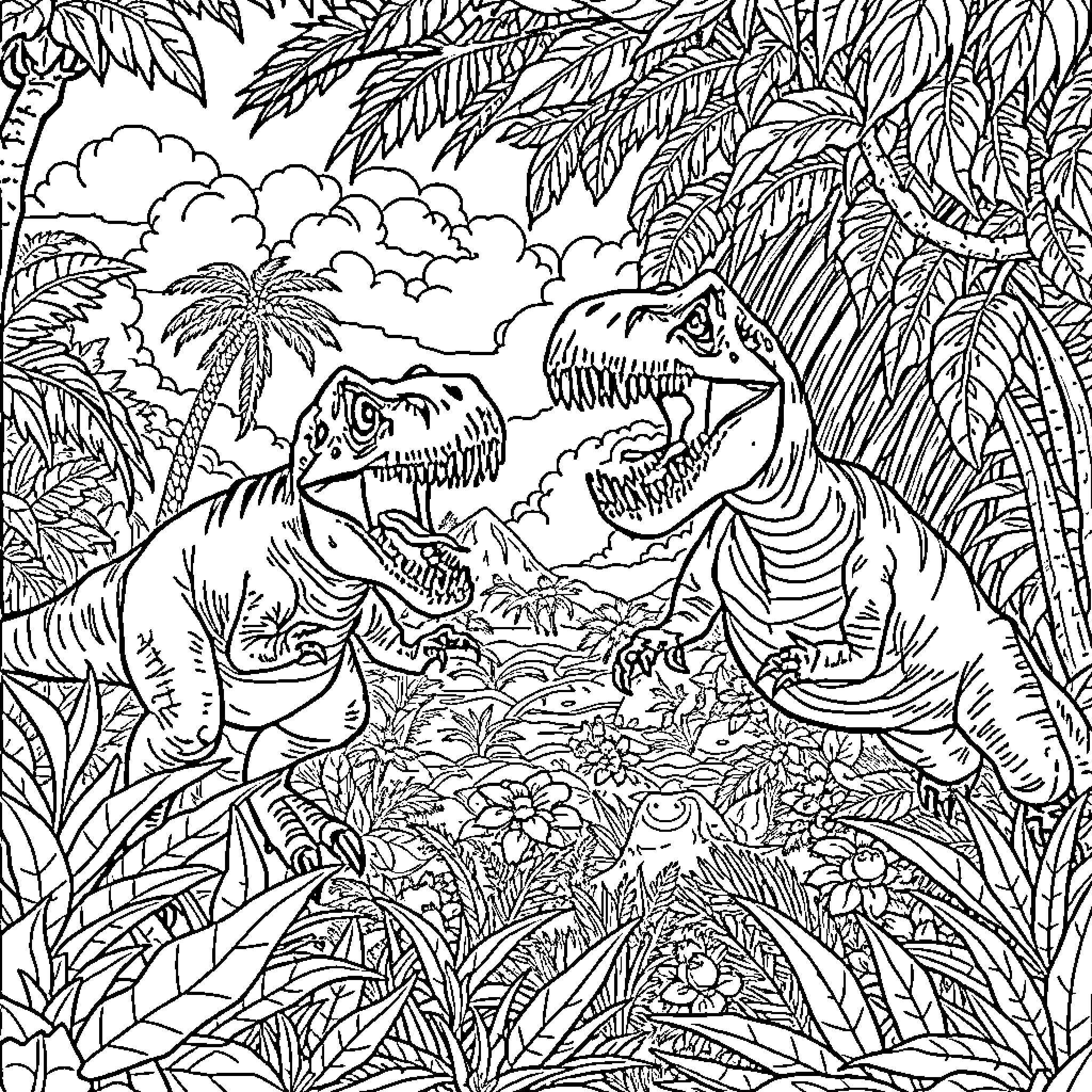 Dinosaurs battling fiercely in the prehistoric jungle Coloring Page (free black-and-white line drawing printable PDF for all, from beginners to advanced learners, including children, teens, adults, and seniors)