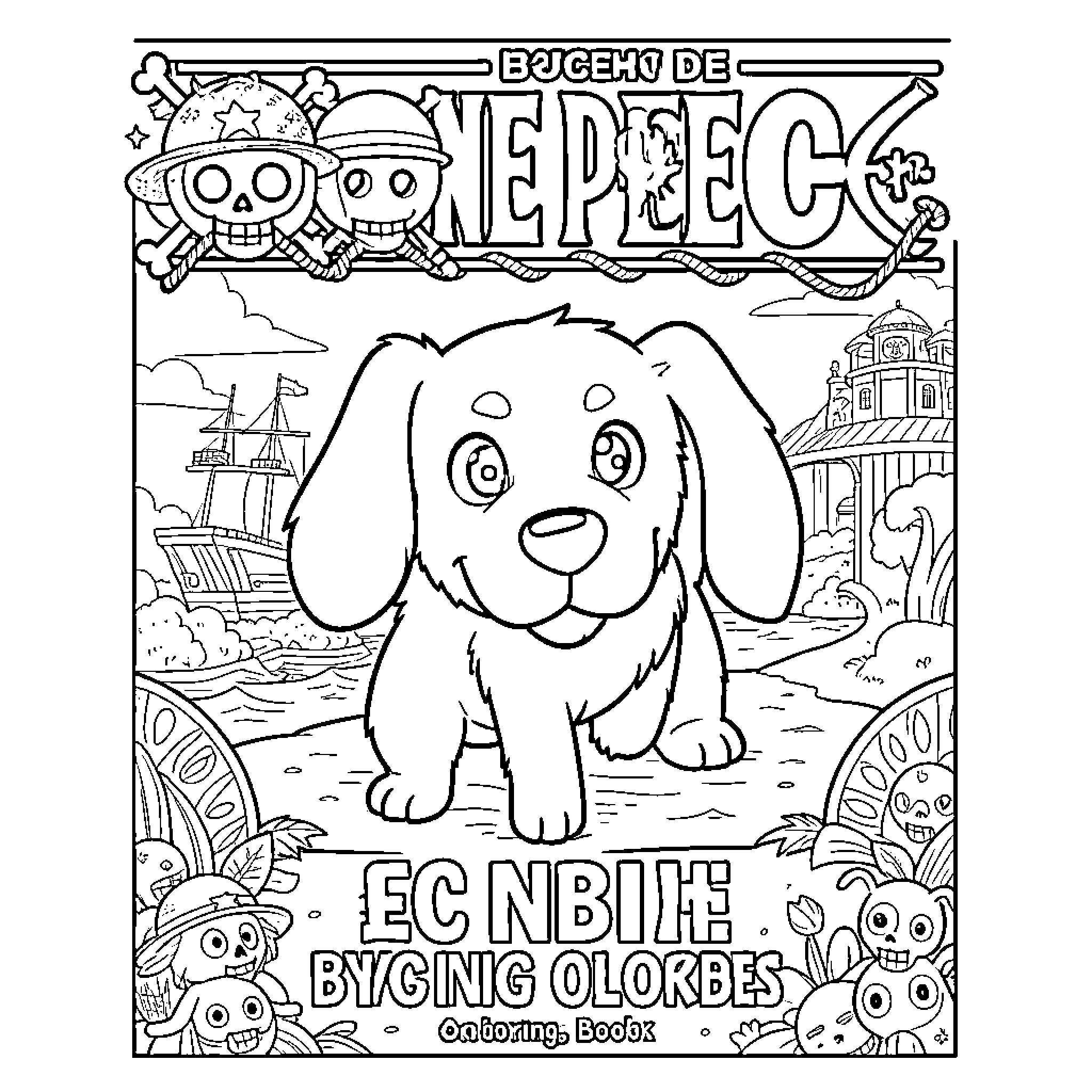 Perro exploring a pirate-themed world Coloring Page (free black-and-white line drawing printable PDF for all, from beginners to advanced learners, including children, teens, adults, and seniors)