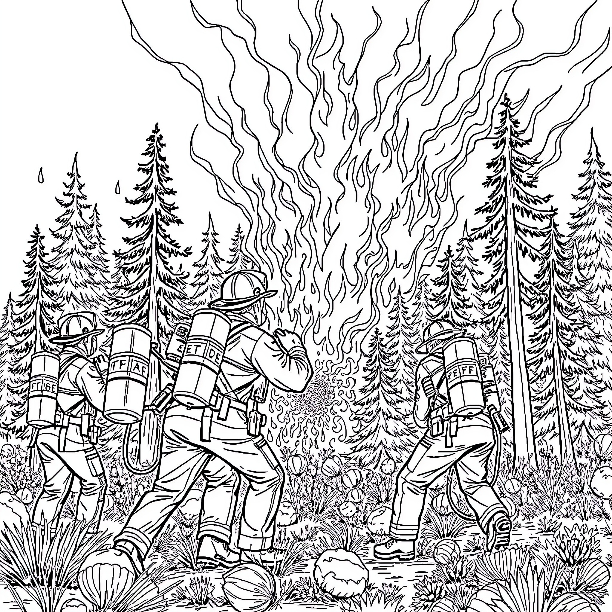 Firefighters Battling Intense Forest Fire Coloring Page (free black-and-white line drawing printable PDF for all, from beginners to advanced learners, including children, teens, adults, and seniors)