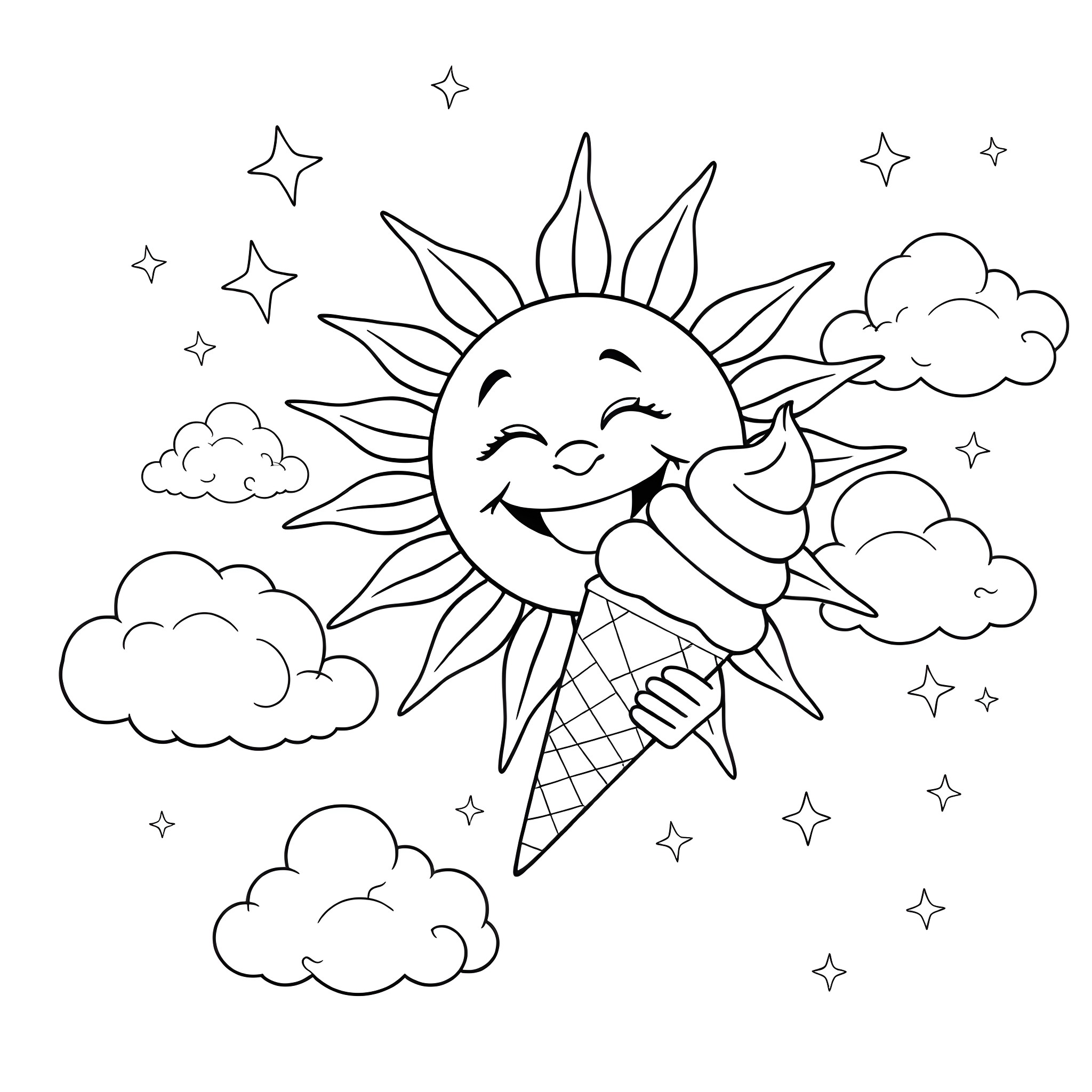 Sun enjoying ice cream in the sky Coloring Page (free black-and-white line drawing printable PDF for all, from beginners to advanced learners, including children, teens, adults, and seniors)