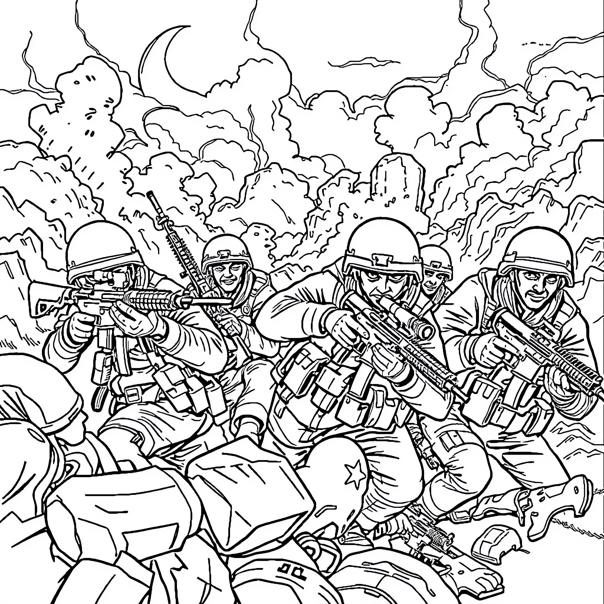 Call of Duty: Soldiers in Intense Combat Coloring Page (free black-and-white line drawing printable PDF for all, from beginners to advanced learners, including children, teens, adults, and seniors)