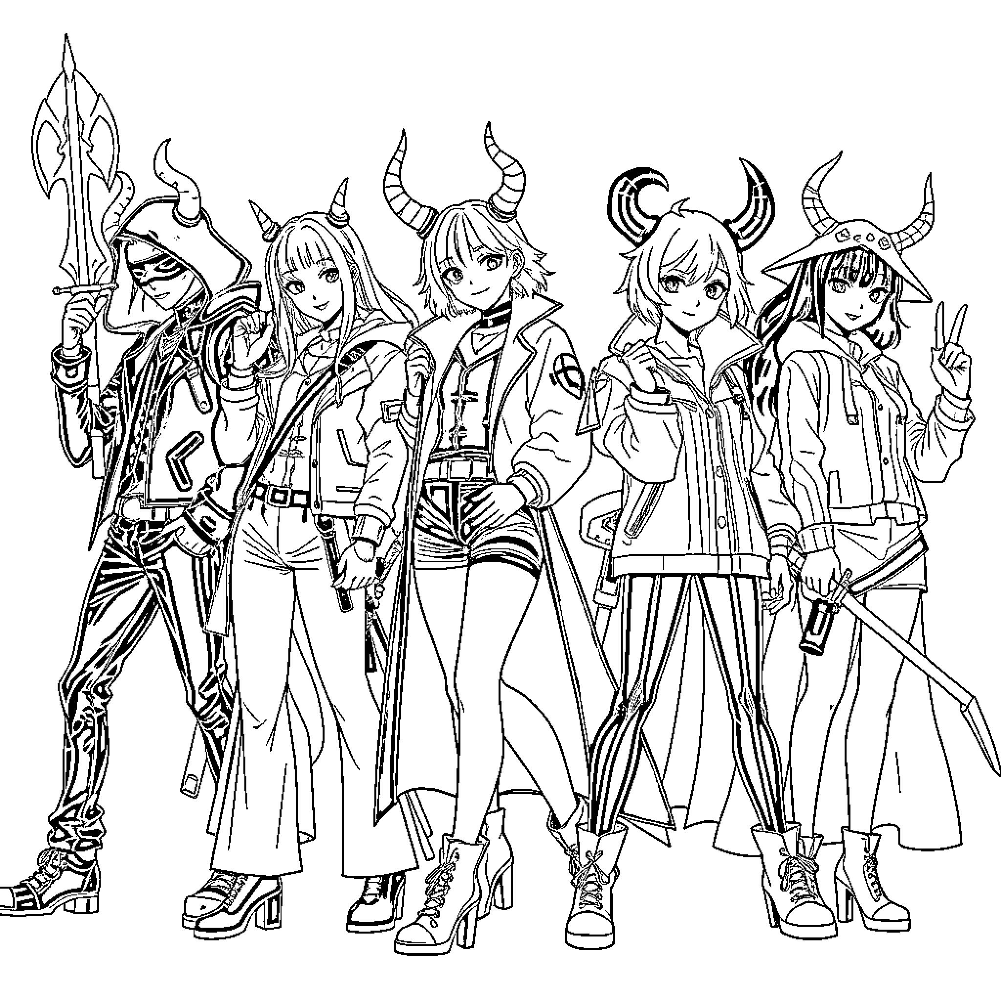 Kpop Demon Hunters in Stylized Outfits and Poses Coloring Page (free black-and-white line drawing printable PDF for all, from beginners to advanced learners, including children, teens, adults, and seniors)