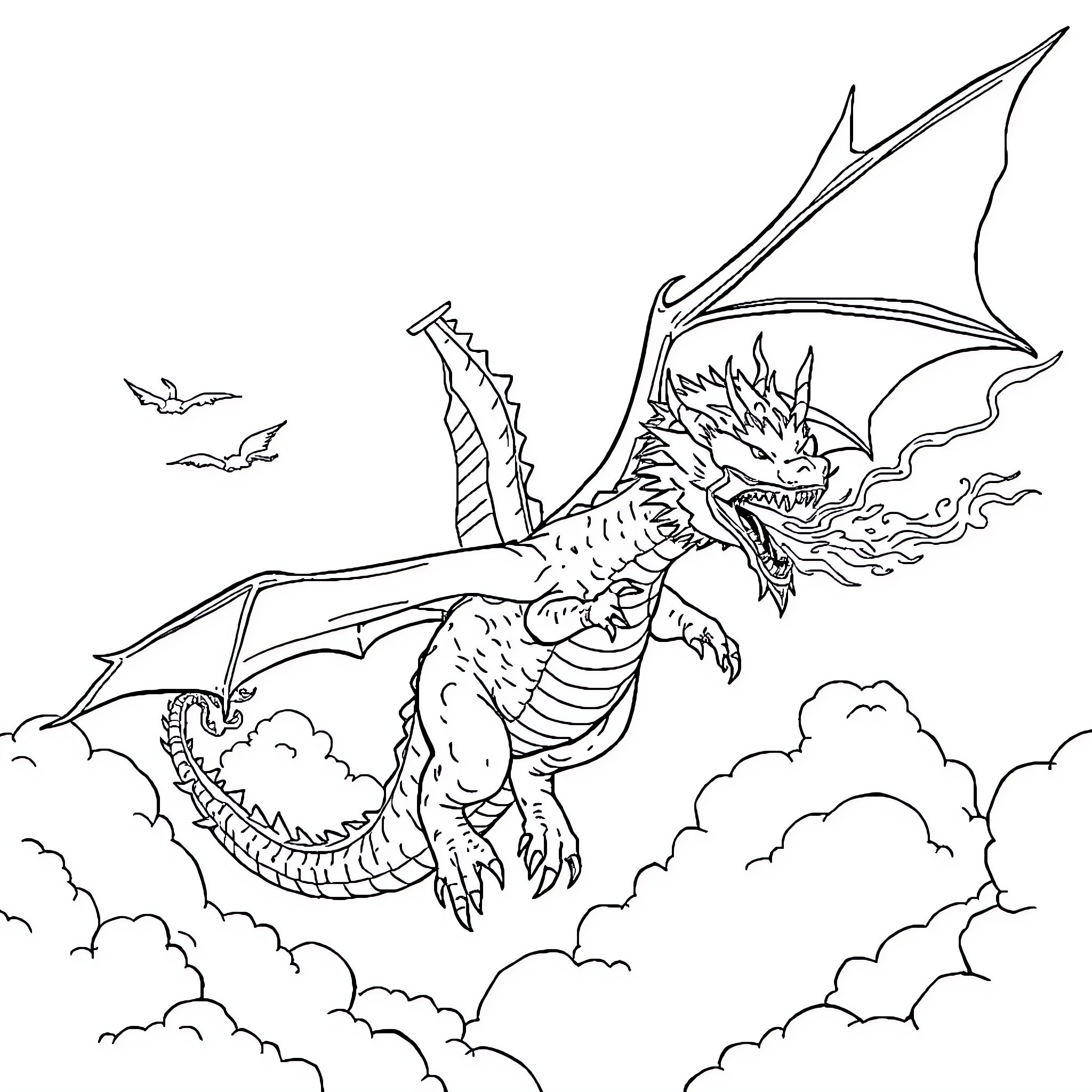 Dragon Soaring Through the Cloudy Skies Coloring Page (free black-and-white line drawing printable PDF for all, from beginners to advanced learners, including children, teens, adults, and seniors)