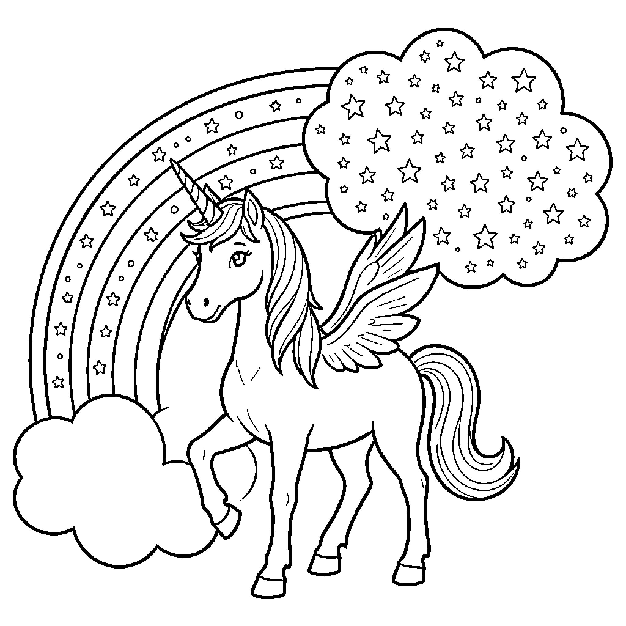 Unicorn flying through starry skies Coloring Page (free black-and-white line drawing printable PDF for all, from beginners to advanced learners, including children, teens, adults, and seniors)