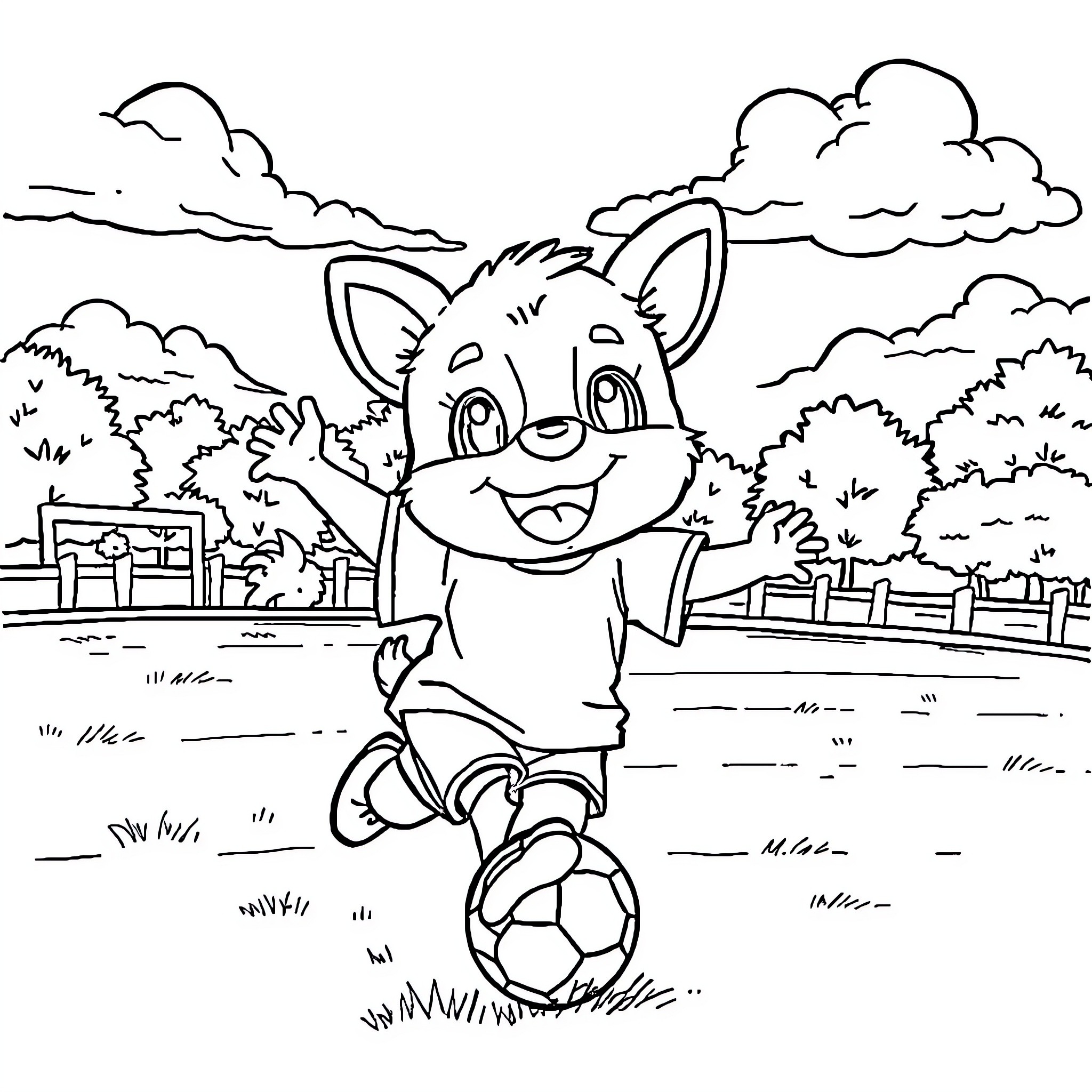 Tchoupi playing happily with a soccer ball in the park Coloring Page (free black-and-white line drawing printable PDF for all, from beginners to advanced learners, including children, teens, adults, and seniors)