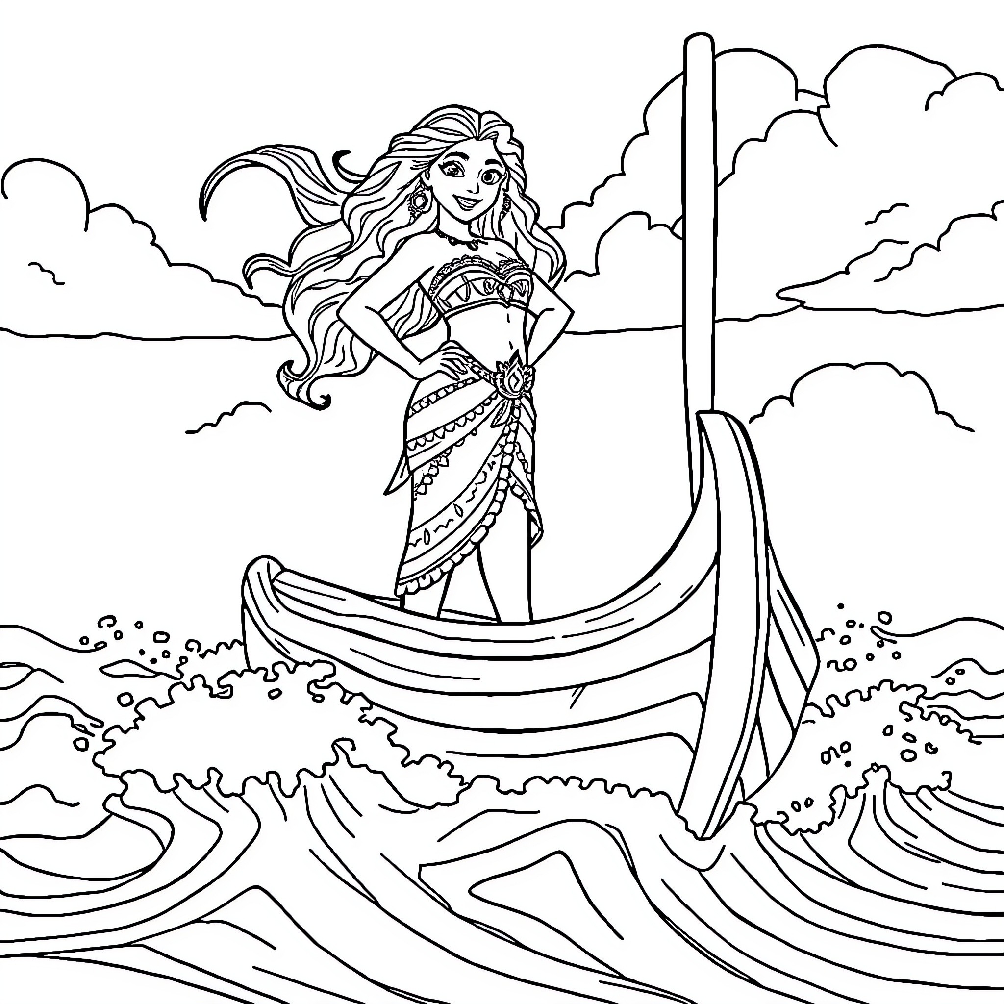 Vaiana sailing bravely on the ocean waves Coloring Page (free black-and-white line drawing printable PDF for all, from beginners to advanced learners, including children, teens, adults, and seniors)