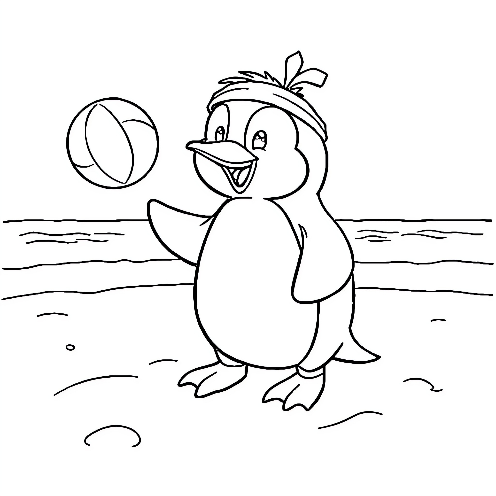 Penguin playing happily with beach ball Coloring Page (free black-and-white line drawing printable PDF for all, from beginners to advanced learners, including children, teens, adults, and seniors)