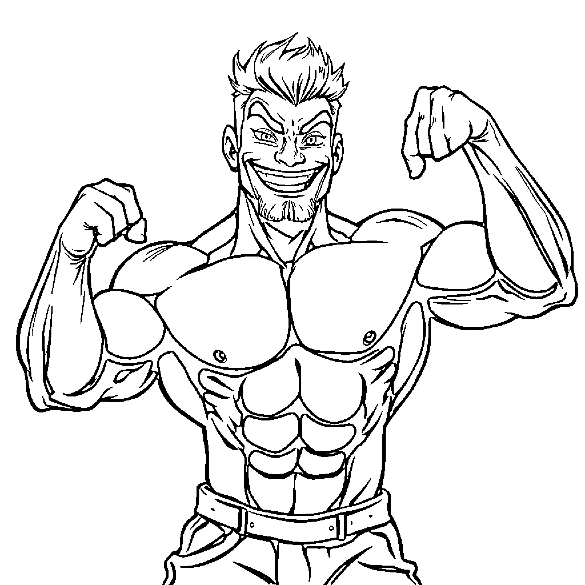 Flexing Figure Displaying Muscular Physique and Confident Pose Coloring Page (free black-and-white line drawing printable PDF for all, from beginners to advanced learners, including children, teens, adults, and seniors)