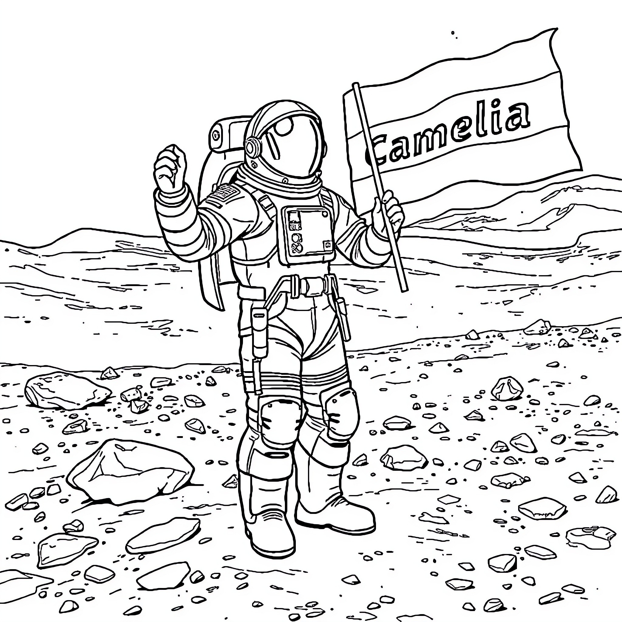 Astronaut planting the Camelia flag on a distant planet Coloring Page (free black-and-white line drawing printable PDF for all, from beginners to advanced learners, including children, teens, adults, and seniors)