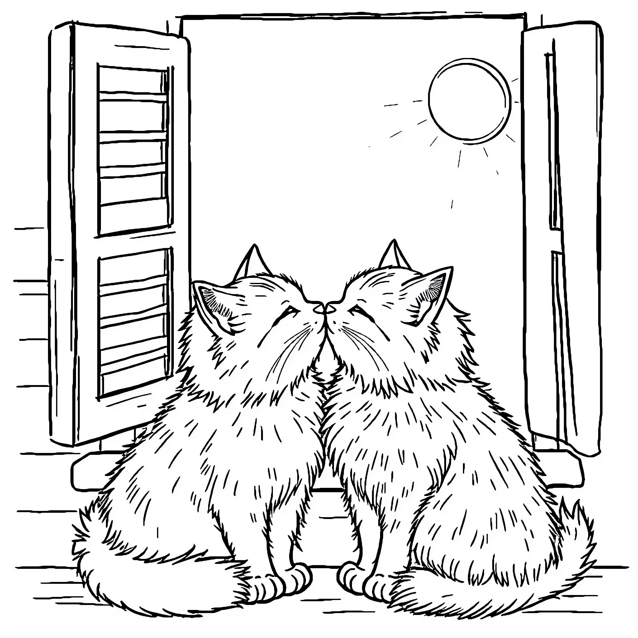 Cats Enjoying Sunshine Through Window Coloring Page (free black-and-white line drawing printable PDF for all, from beginners to advanced learners, including children, teens, adults, and seniors)