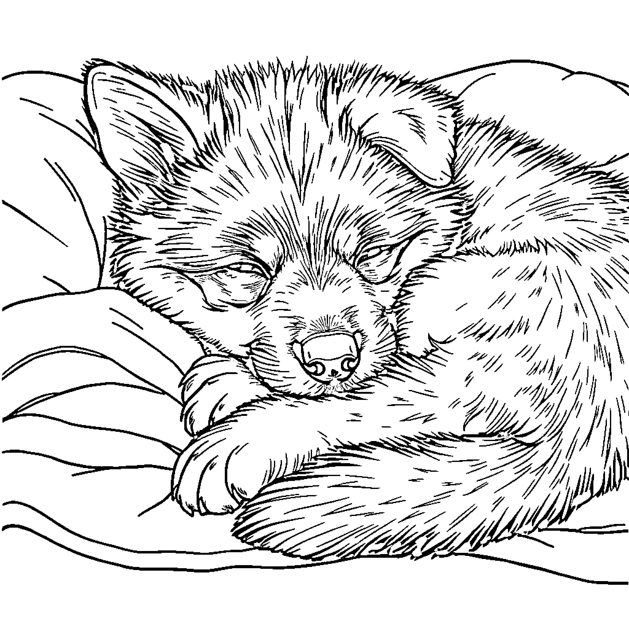German Shepherd resting peacefully in the grass Coloring Page (free black-and-white line drawing printable PDF for all, from beginners to advanced learners, including children, teens, adults, and seniors)