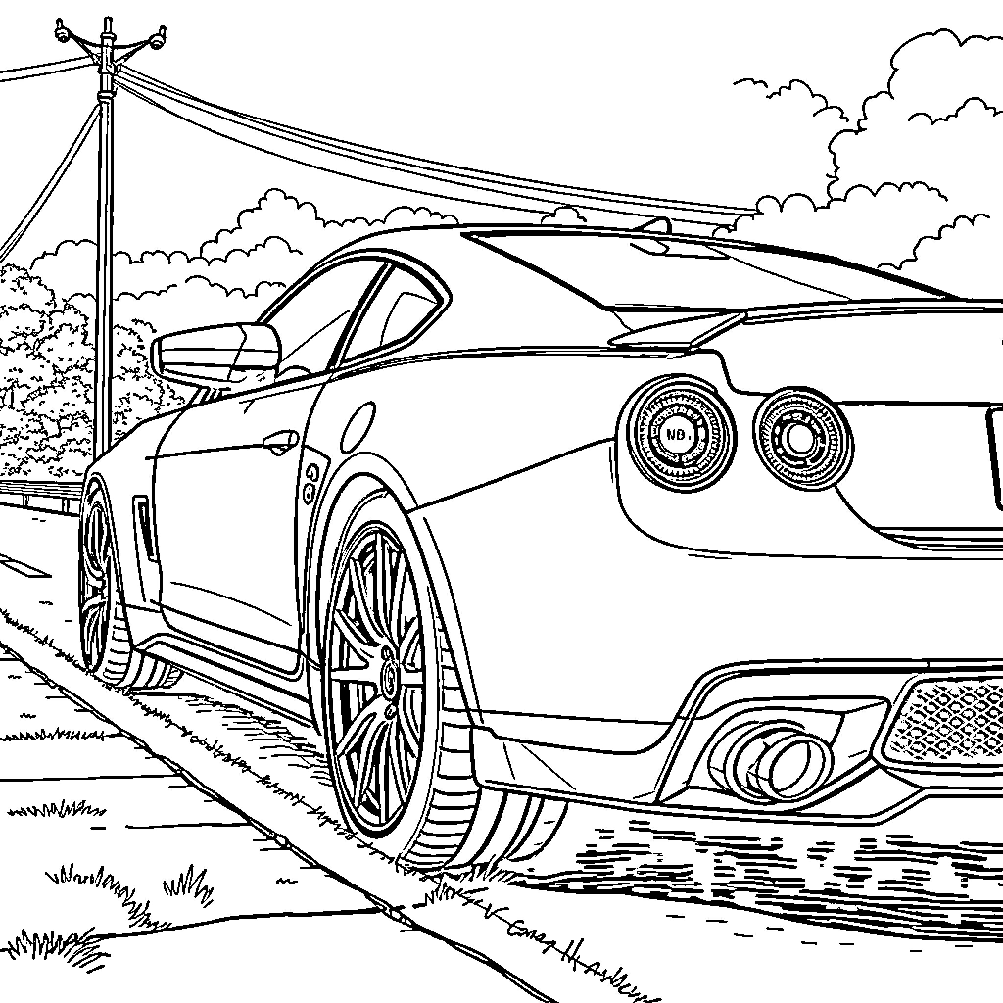 Car speeding down a winding road Coloring Page (free black-and-white line drawing printable PDF for all, from beginners to advanced learners, including children, teens, adults, and seniors)
