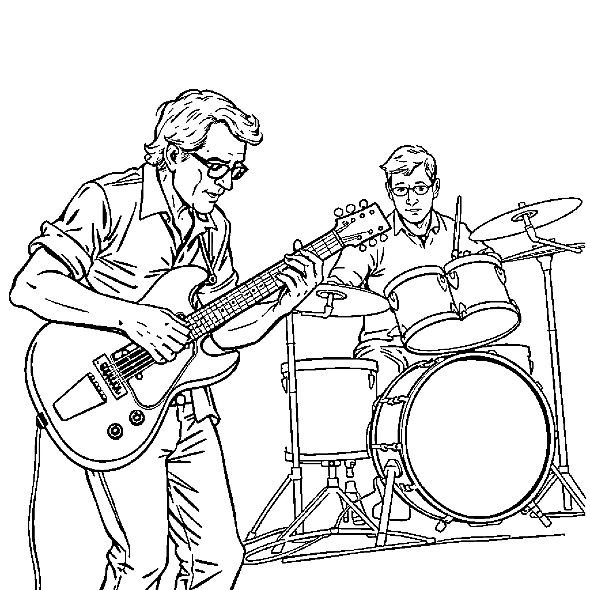 Guitar duo jamming on stage Coloring Page (free black-and-white line drawing printable PDF for all, from beginners to advanced learners, including children, teens, adults, and seniors)