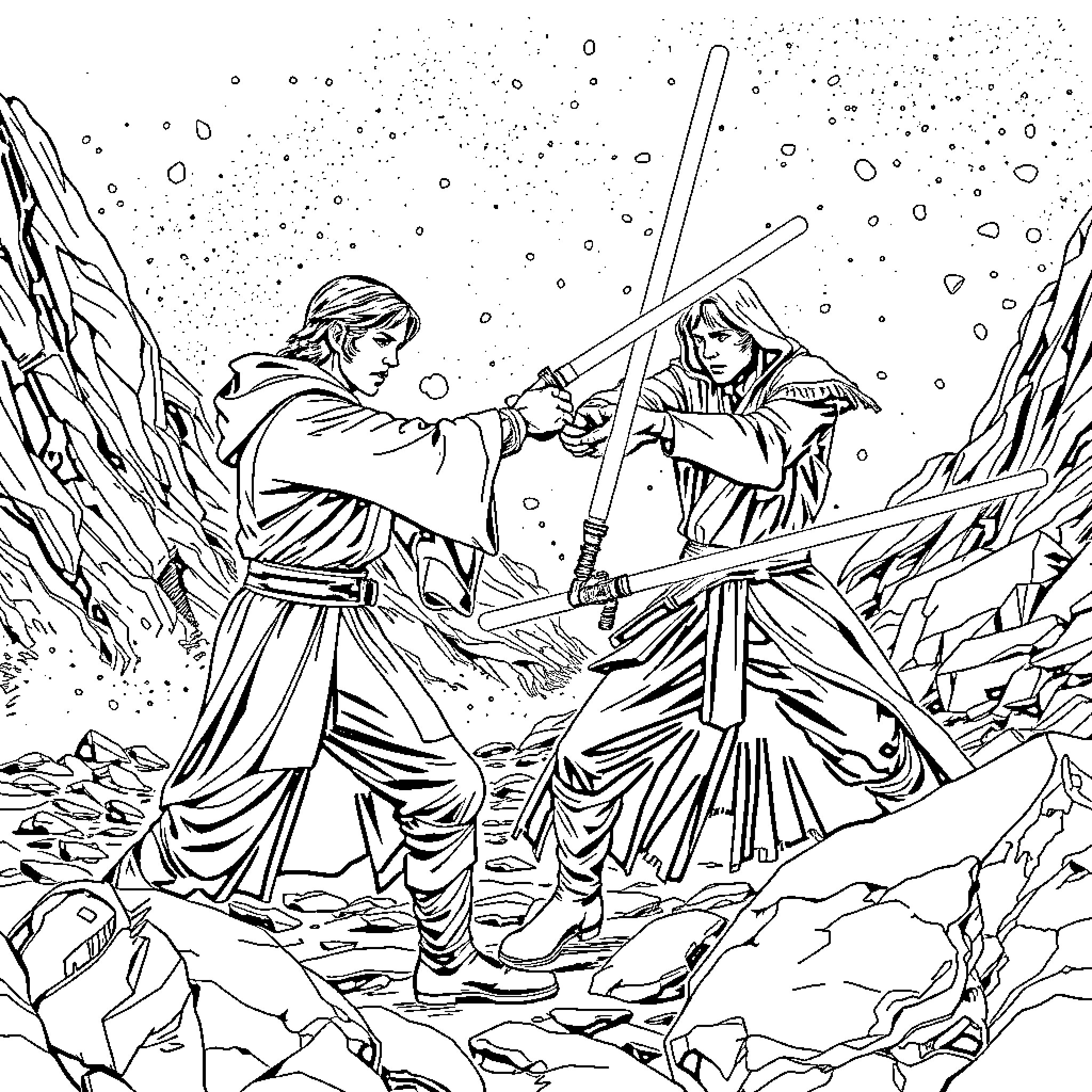 Obi-Wan Kenobi and Anakin Skywalker engaged in battle Coloring Page (free black-and-white line drawing printable PDF for all, from beginners to advanced learners, including children, teens, adults, and seniors)