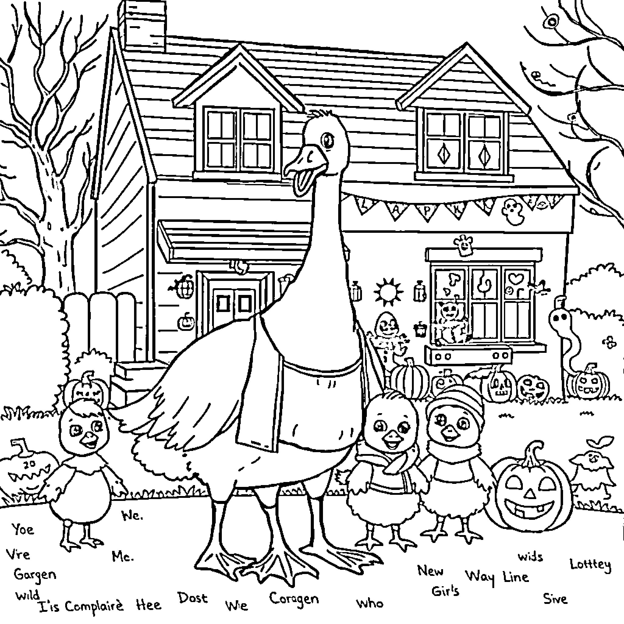Goose leading a group of goslings through a Halloween-decorated neighborhood Coloring Page (free black-and-white line drawing printable PDF for all, from beginners to advanced learners, including children, teens, adults, and seniors)