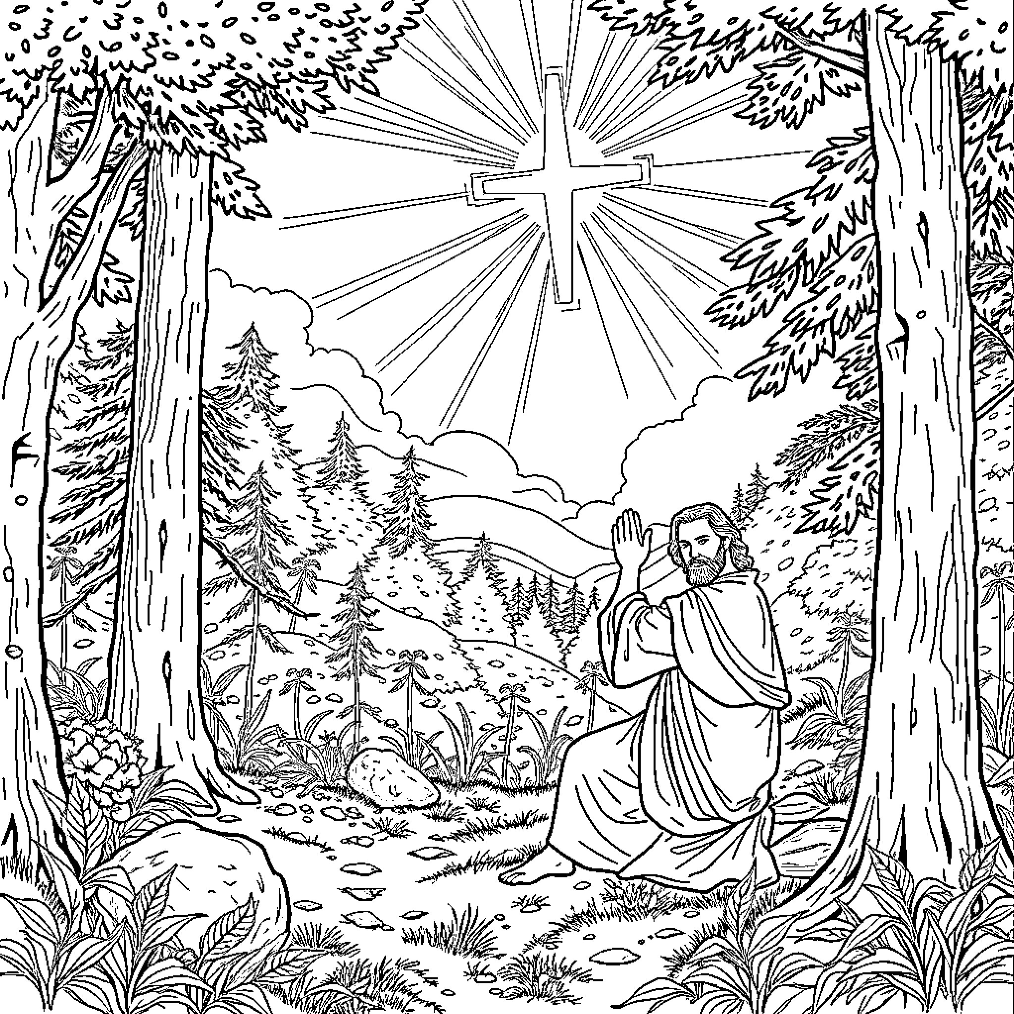 Joseph Smith in Prayer in the Sacred Grove Coloring Page (free black-and-white line drawing printable PDF for all, from beginners to advanced learners, including children, teens, adults, and seniors)